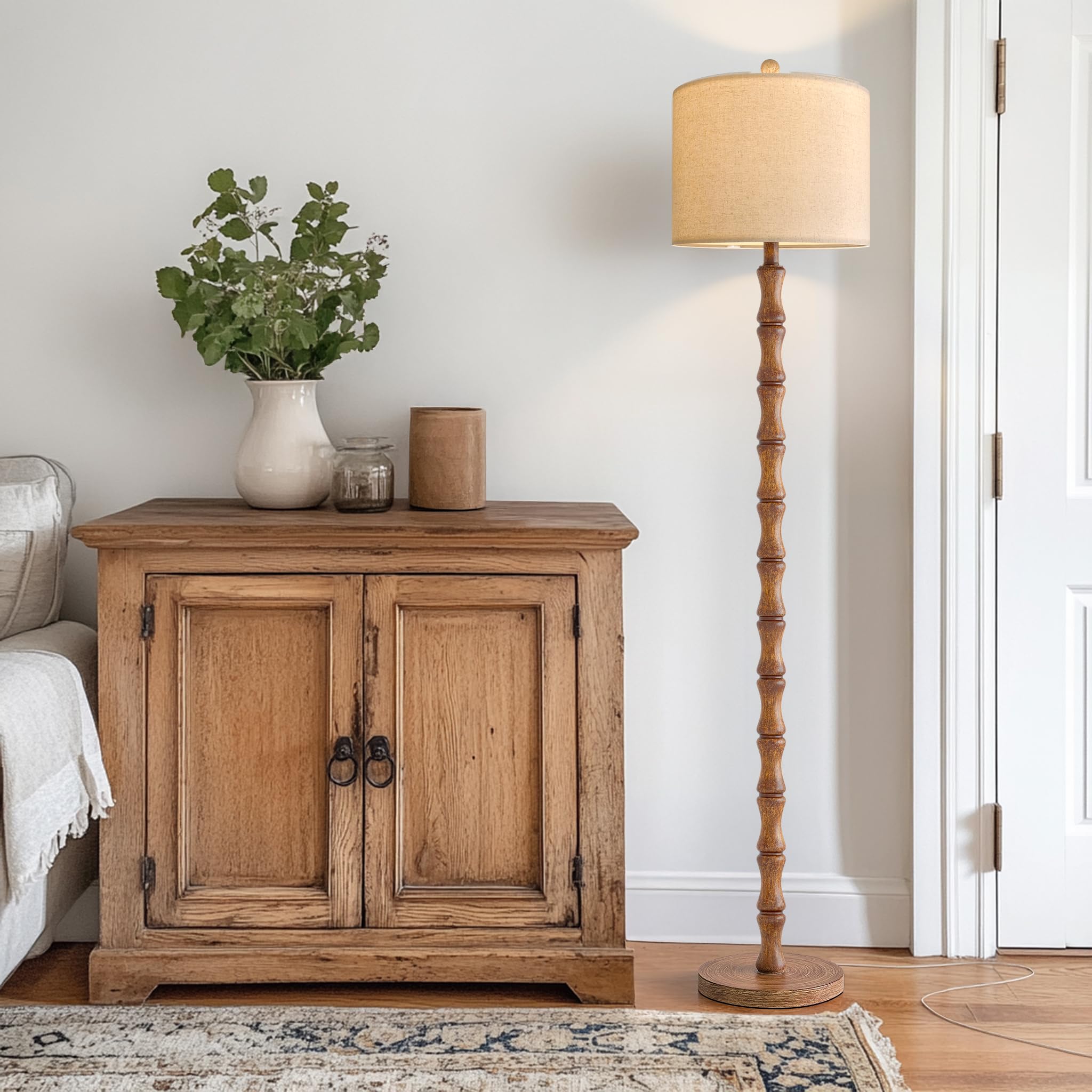 BOBOMOMO Rustic Floor Lamp 62" Light Walnut Resin, Retro Farmhouse Style, Model AMZ-F1241AT