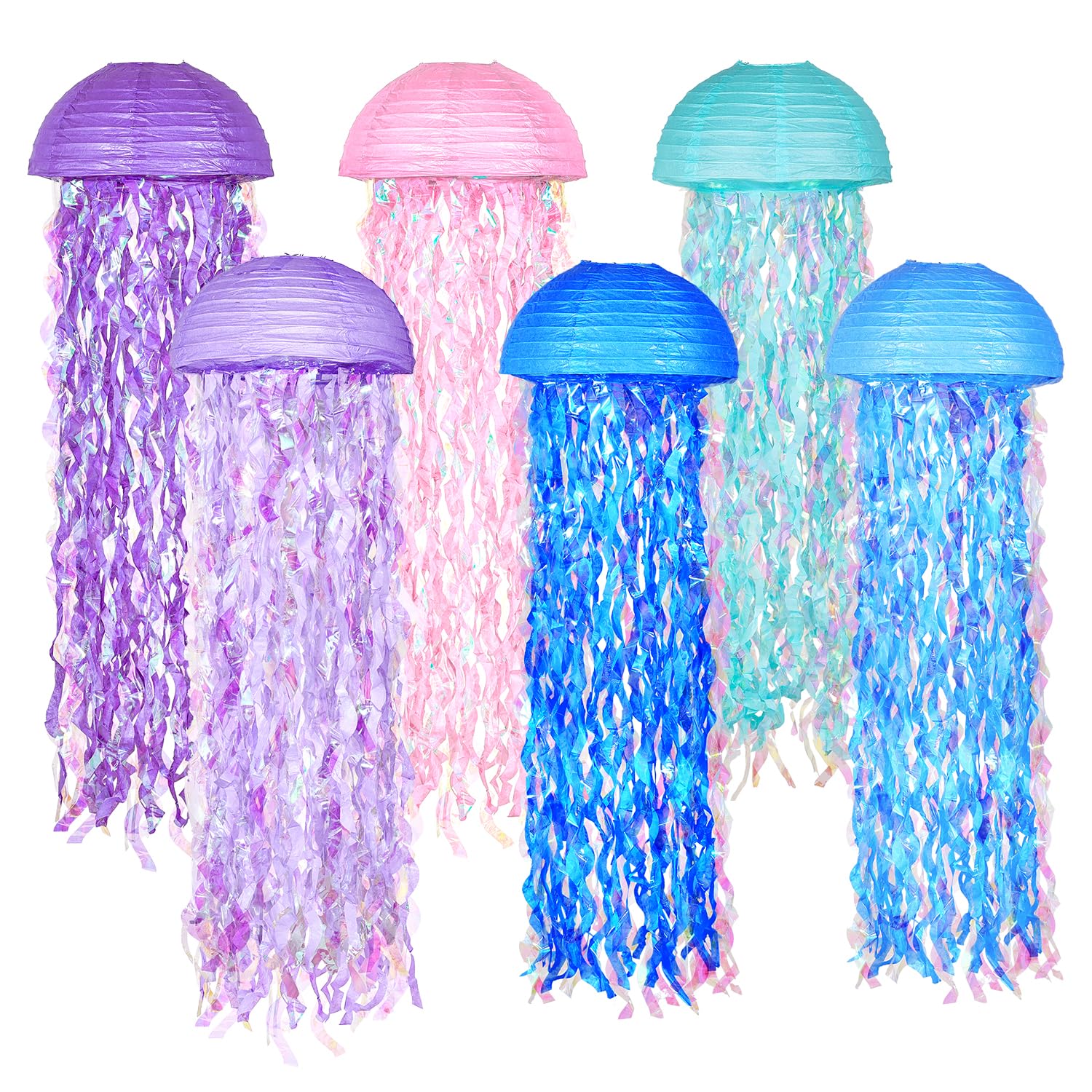 OBXT Hanging Jellyfish Lanterns Multi-Color 6 Pack - Ocean-Themed Decor for Under The Sea Mermaid Birthday Party Classroom & VBS