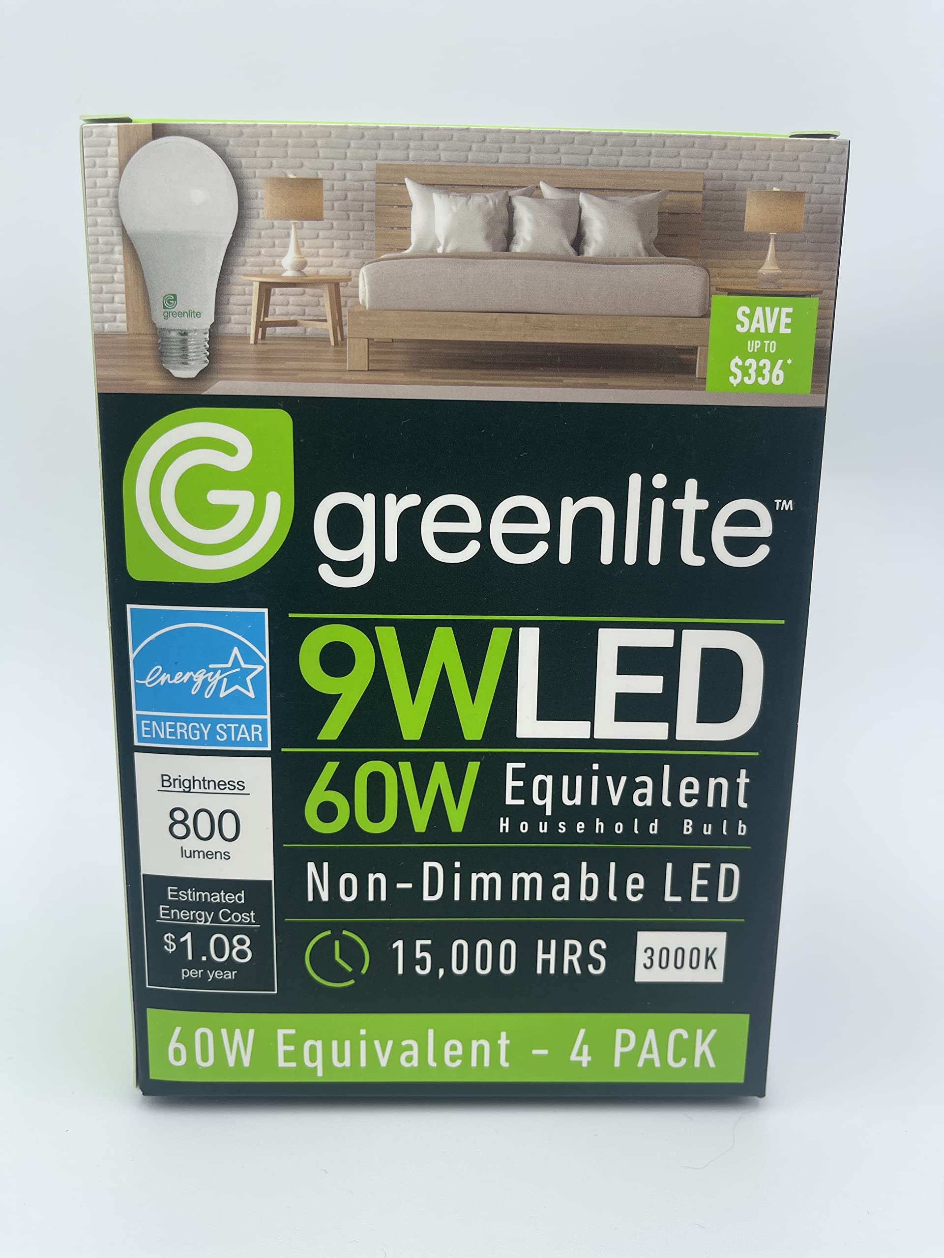 Greenlite 9W LED Light Bulbs, 60W Equivalent, Non-Dimmable, White, 4 Count