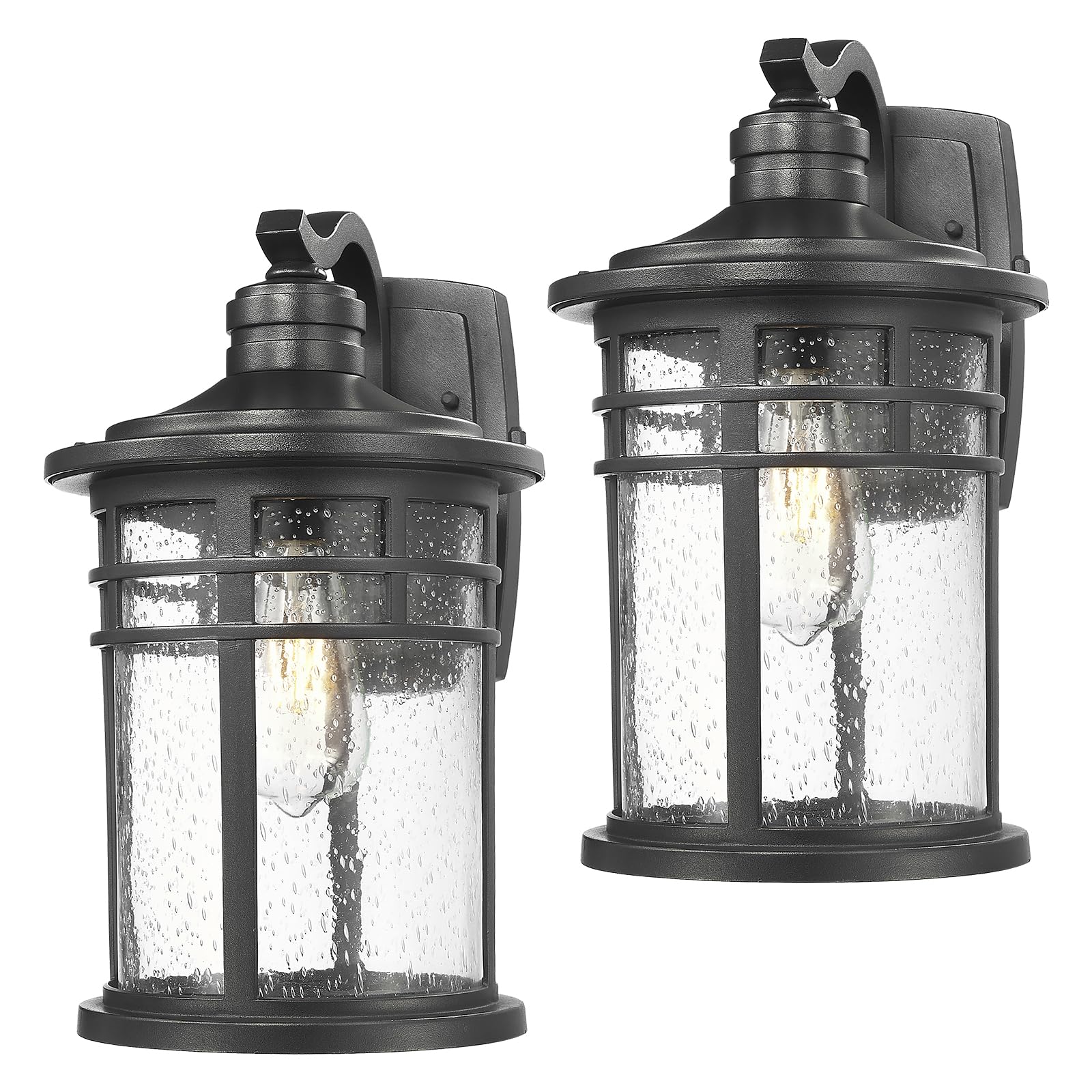 Darkaway Outdoor Porch Lights - 15in Wall Mount Sconces, Seeded Glass, 2 Pack, Black Aluminum