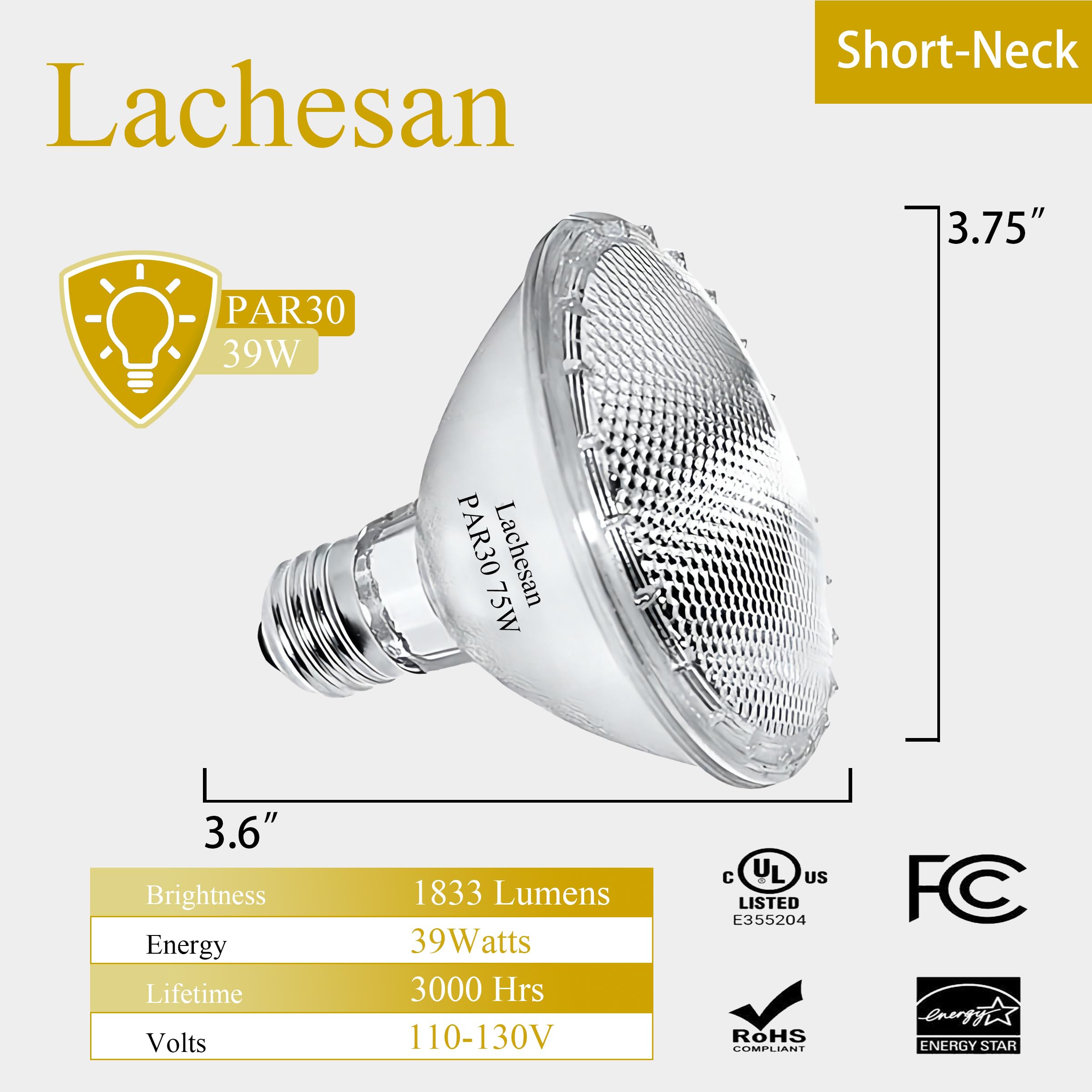 Lachesan Par30 39W Short Neck Halogen Flood Light Bulbs, 120V 2700K Warm White Dimmable High Brightness, E26 Base, Great For Acc