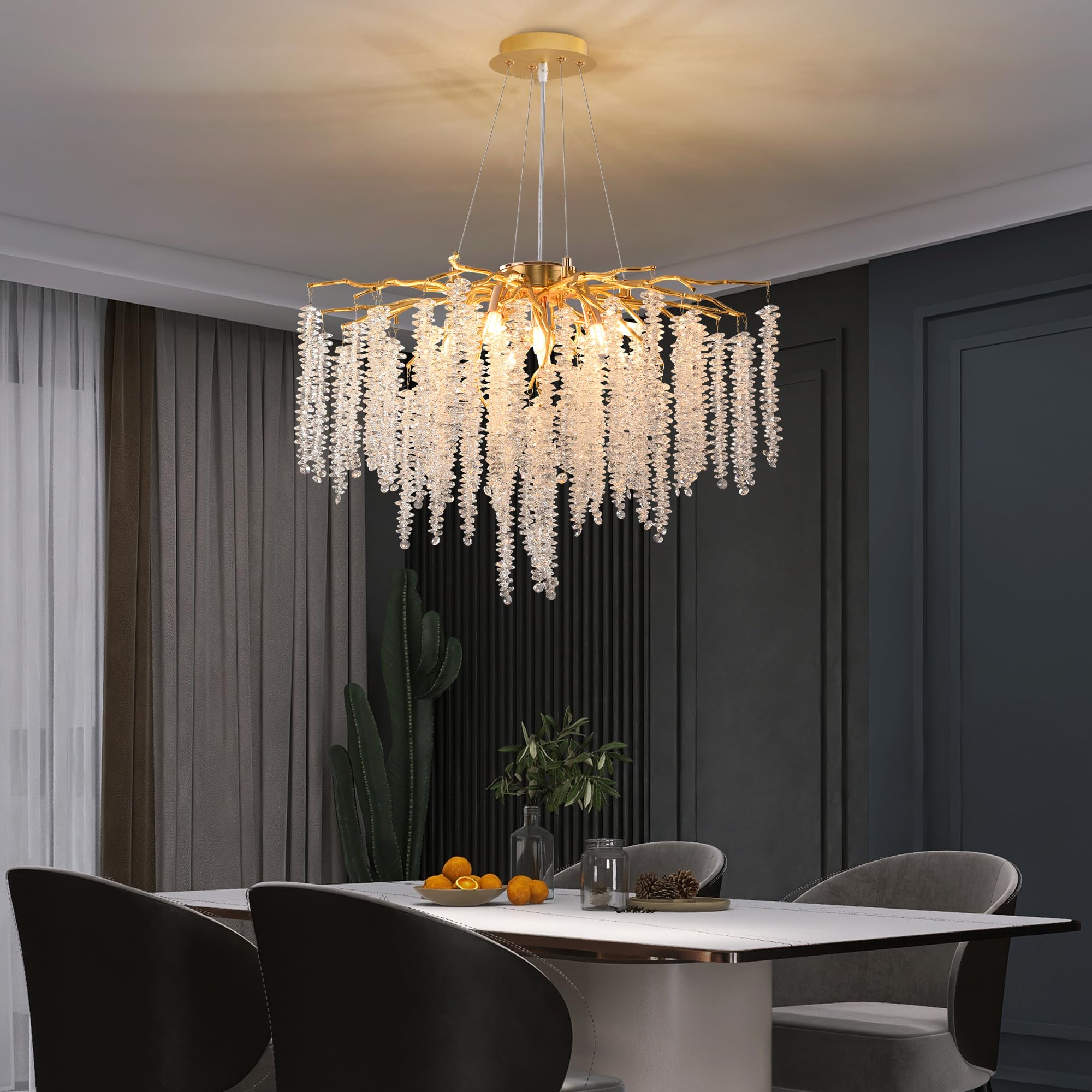 Upfelw Modern Crystal Tree Branch Chandelier - 9 Lights, D23.7'', Gold Pendant Light for Dining Room, Living Room, Bedroom - Model UBC-G09-0426