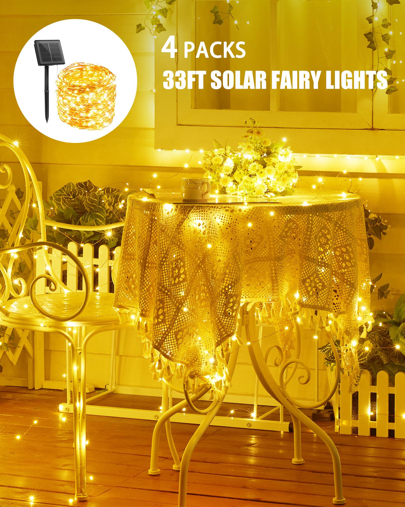 Minetom Solar String Lights, 4 Packs Total 132Ft 400 Led Solar Fairy Lights, Waterproof Solar Lights For Outside Patio Yard Tree Wedding Christmas, Warm White