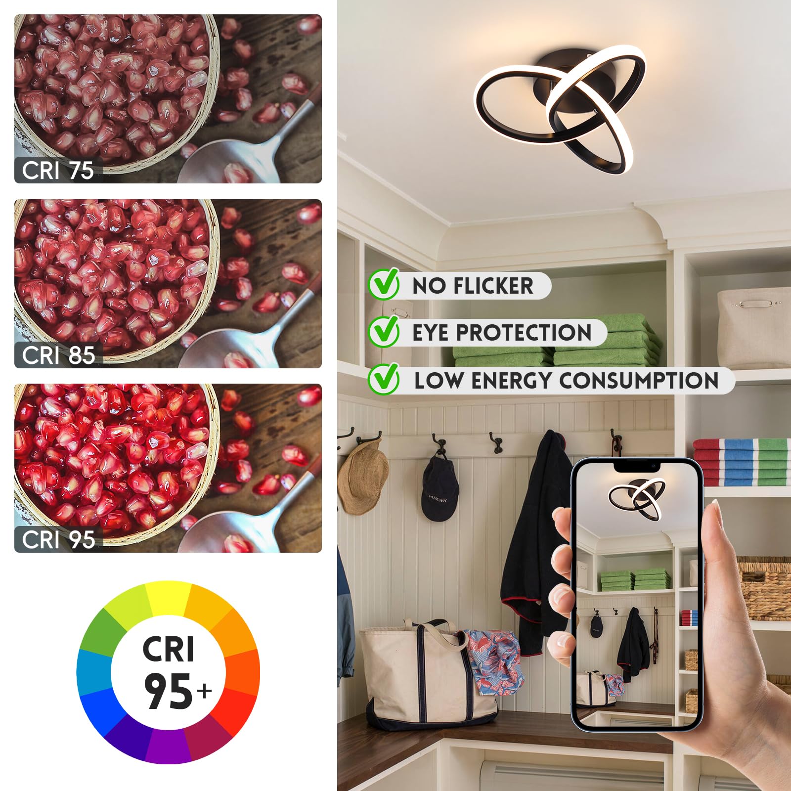 Caneoe Black Hallway Ceiling Light Fixtures 24W Dimmable Led Ceiling Light With Remote Control Modern Flush Mount Ceiling Lights