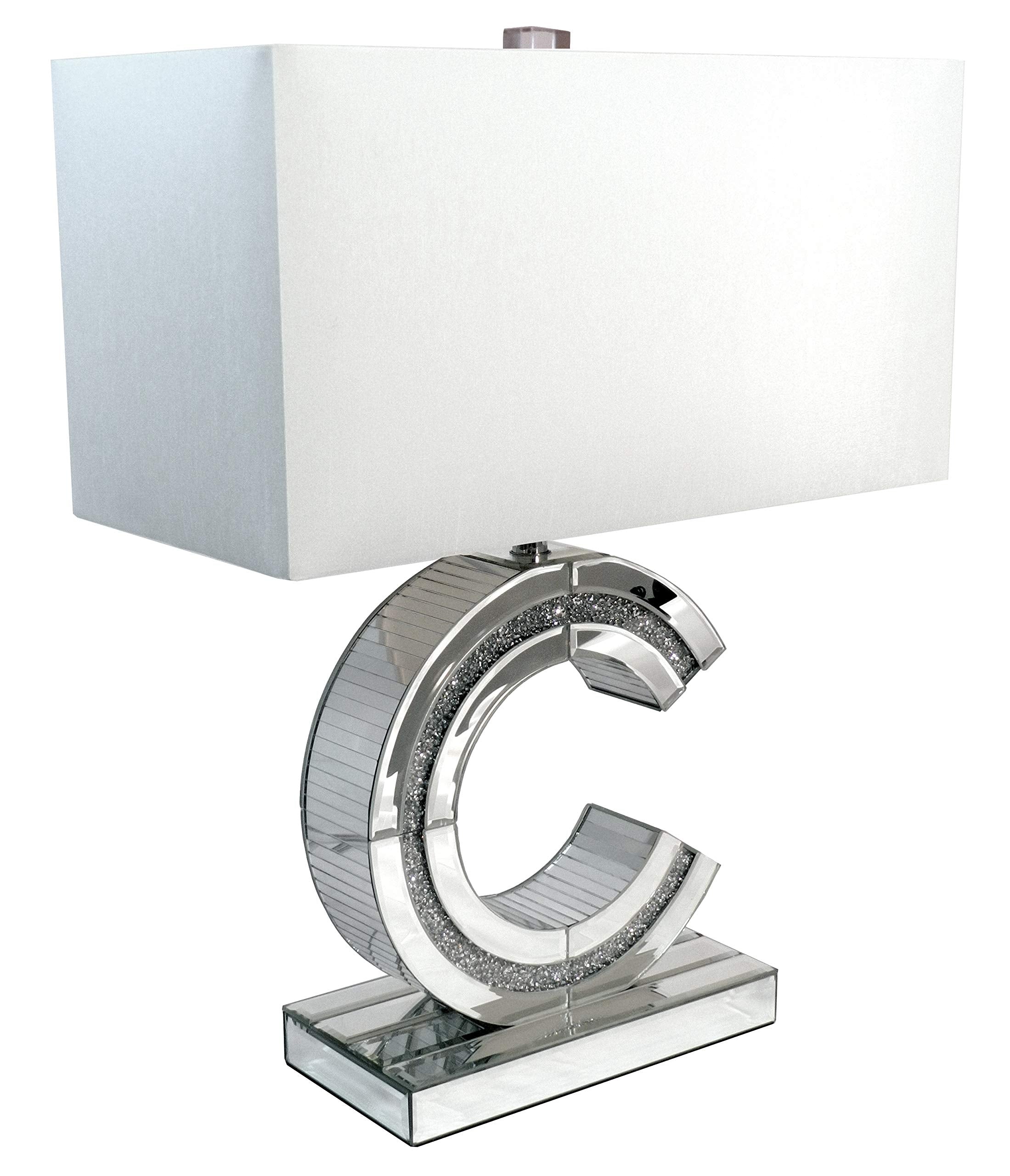 SH Lighting Classic C Shape Mirror Table Lamp - Crushed Diamond Centerpiece, 22.5" Tall, Silver, Large White Linen Shade, Model 4005A-C
