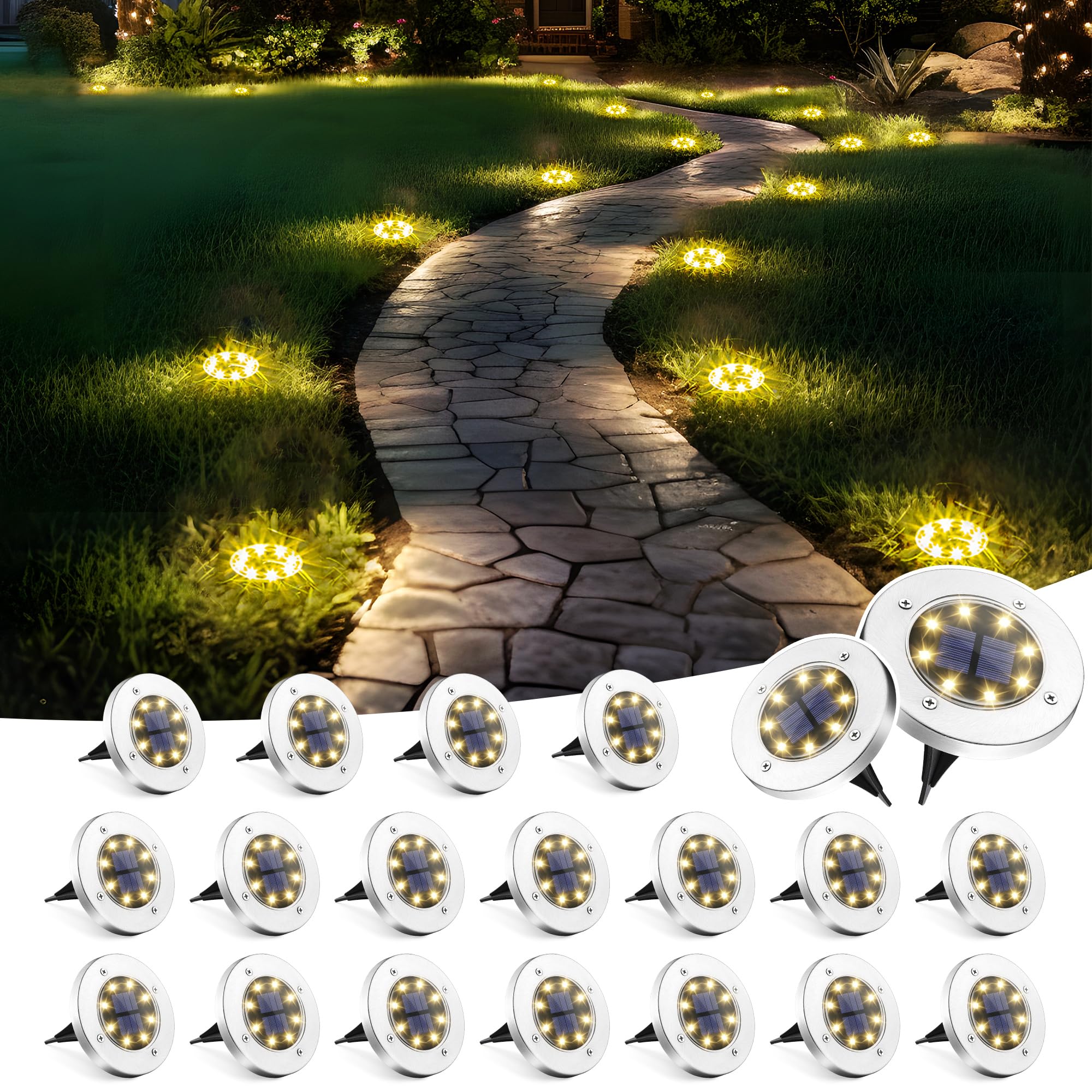 SOLPEX Solar Ground Lights, 20 Pack, Waterproof Stainless Steel, Warm White - Model 8631 for Pathway, Driveway, Patio, Backyard