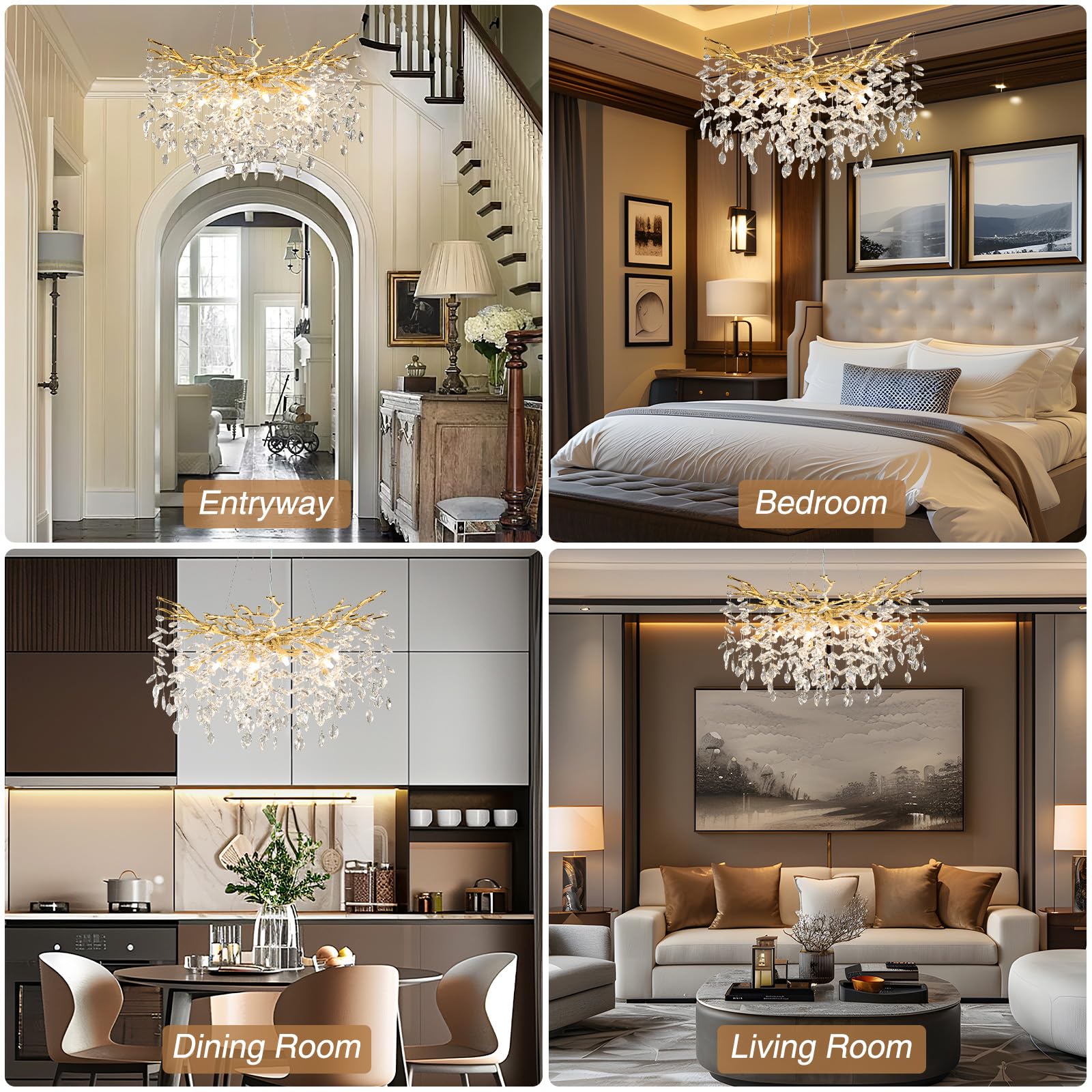 Yuyi Modern Crystal Chandelier, 30'' Gold Tree Branch Chandelier, 10-Light Round Chandeliers For Dining Room, Living Room, Kitch