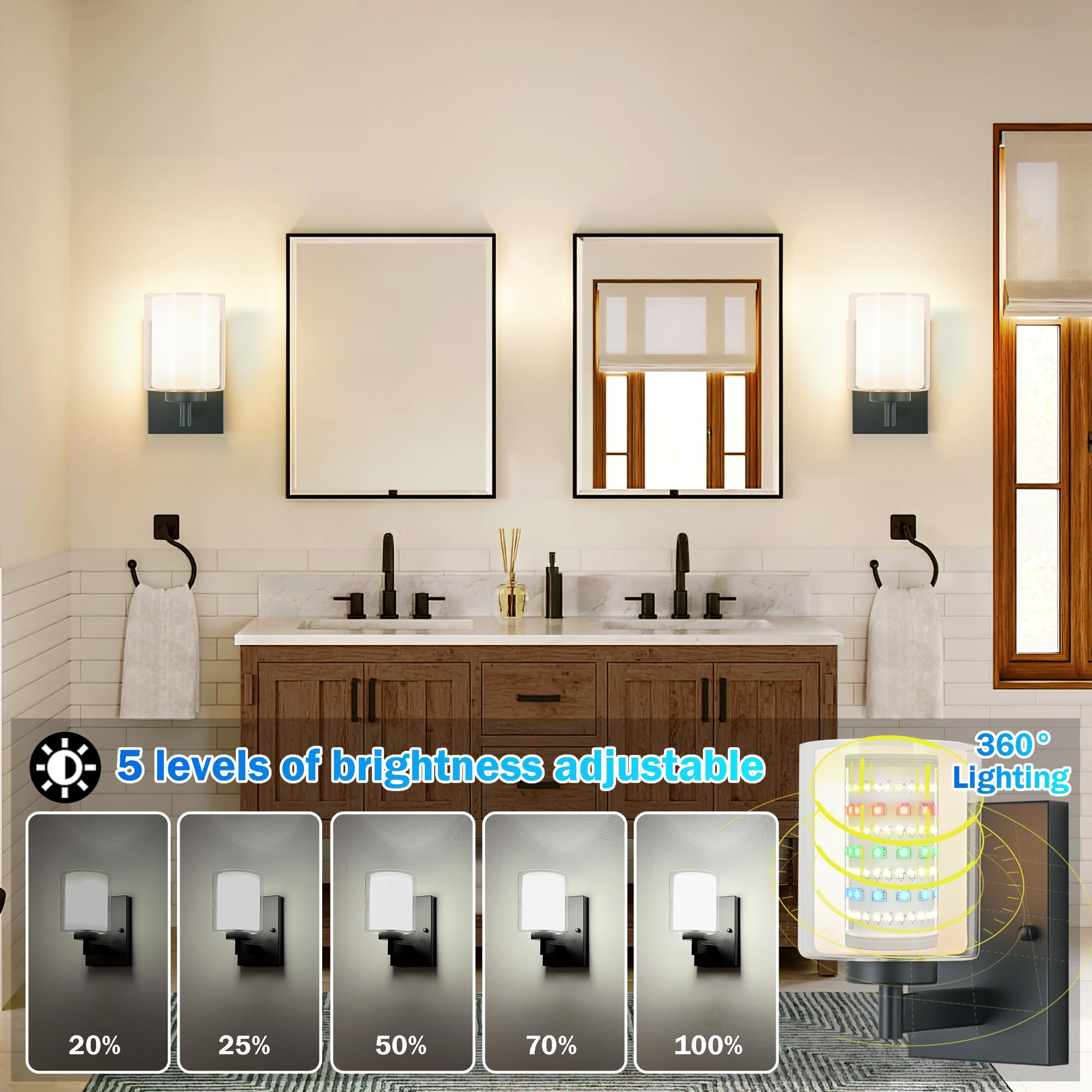 Battery Operated Wall Sconce Set Of 2, 10000Mah Wireless Rechargeable Wall Sconce With Remote Control, Rgb Dimmable Bathroom Lig
