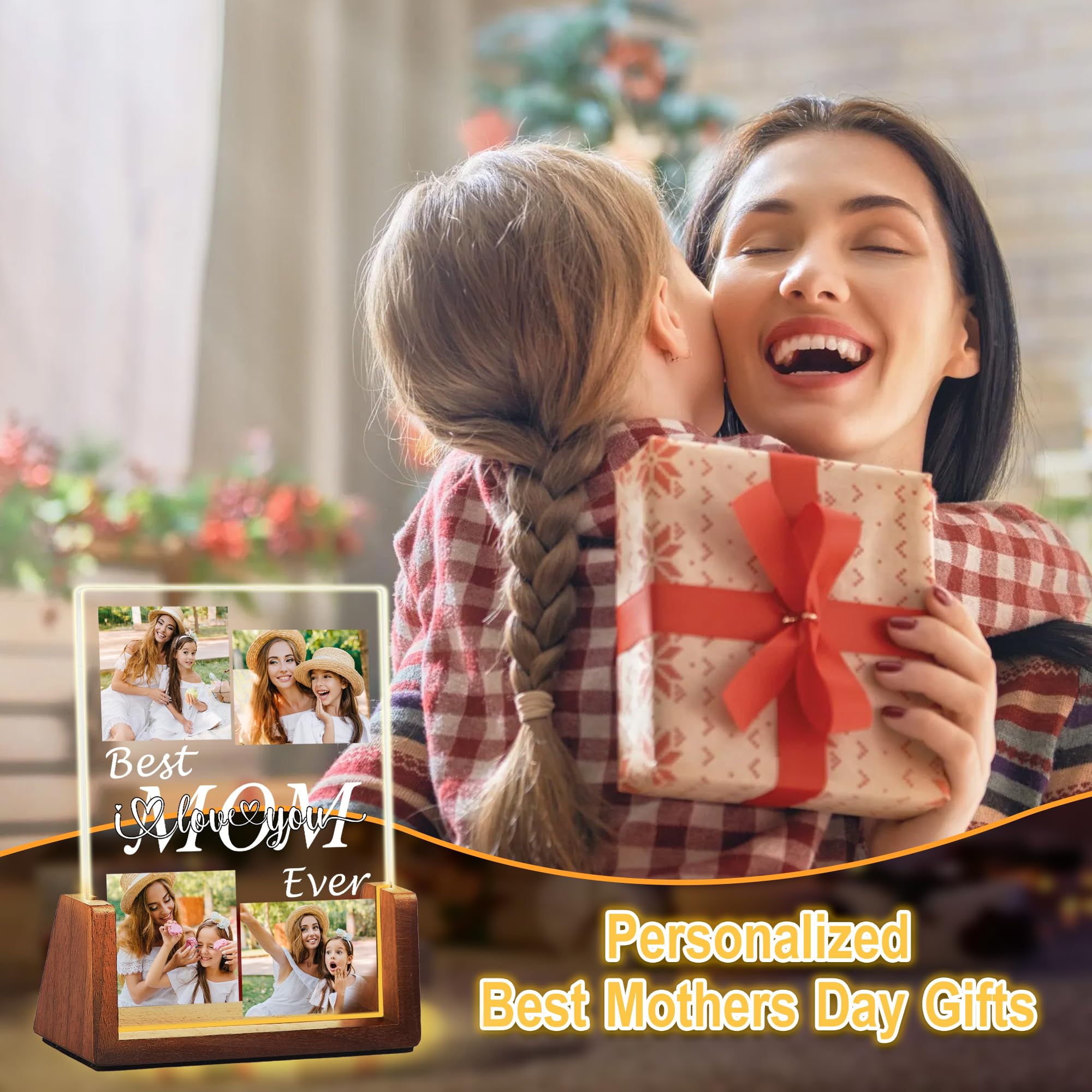 Maiwell Personalized Mothers Day Birthday Gifts For Mom Wife  Custom Best Mom Ever Gifts From Daughter Son Husband  Acrylic Night Light Picture Frame With Photo Name Christmas Gift For Mama Women