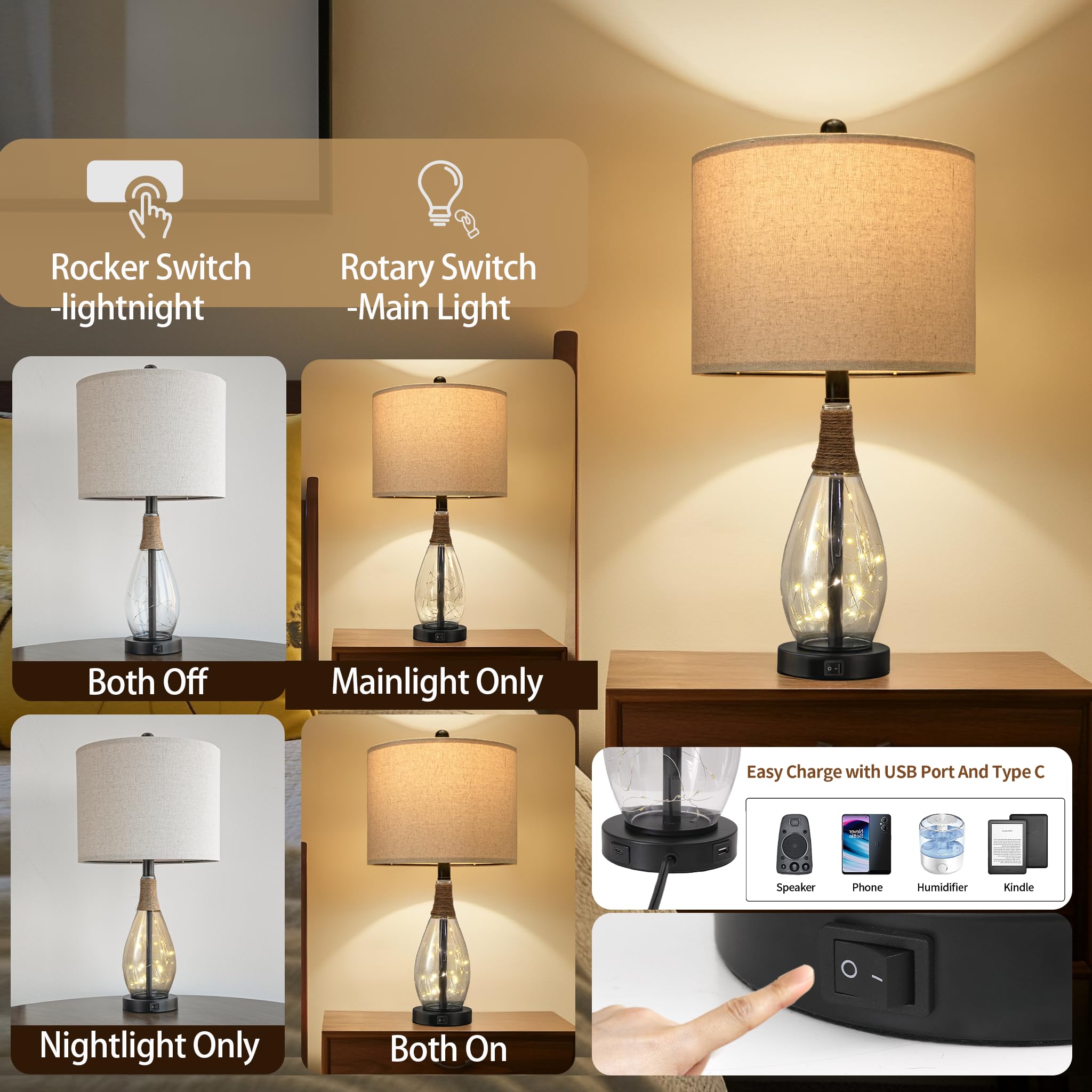 OYEARS USB A+C Table Lamp, Modern Black Rattan Glass Nightstand Lamp, 23in, Two Light Points, Farmhouse Style