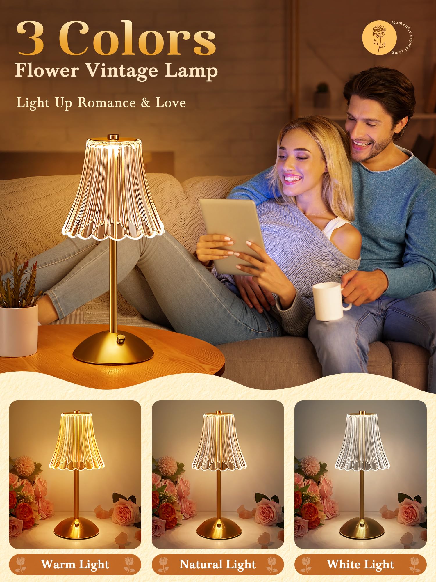 Vintage Lamp,3 Colors Cordless Lamp Mini Lamp,Small Battery Operated Lamp Battery Powered Lamp,10 Brightness Rechargeable Lamps