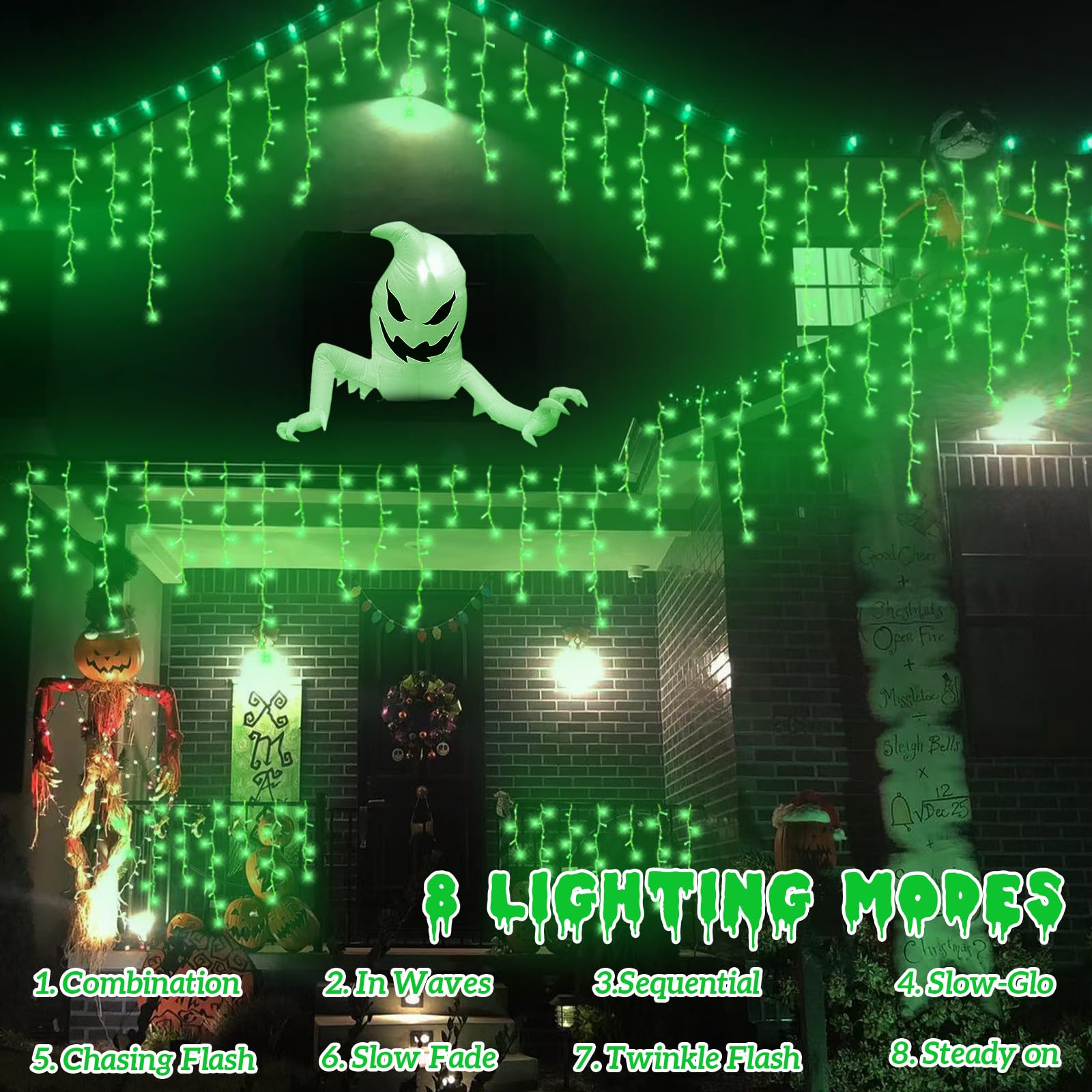 YEGUO Icicle Christmas Lights, 400 LED, 33ft, Waterproof, Green, 8 Modes, Model JT-EL/FC300V0200-C