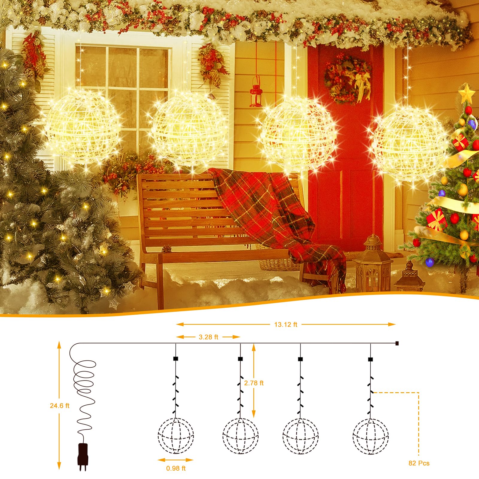 Baung Christmas String Lights, 4 Pack 11.81in Sphere Lights, Warm White, Model BG-CL02M138L, for Home, Garden, Party, Wedding Decor