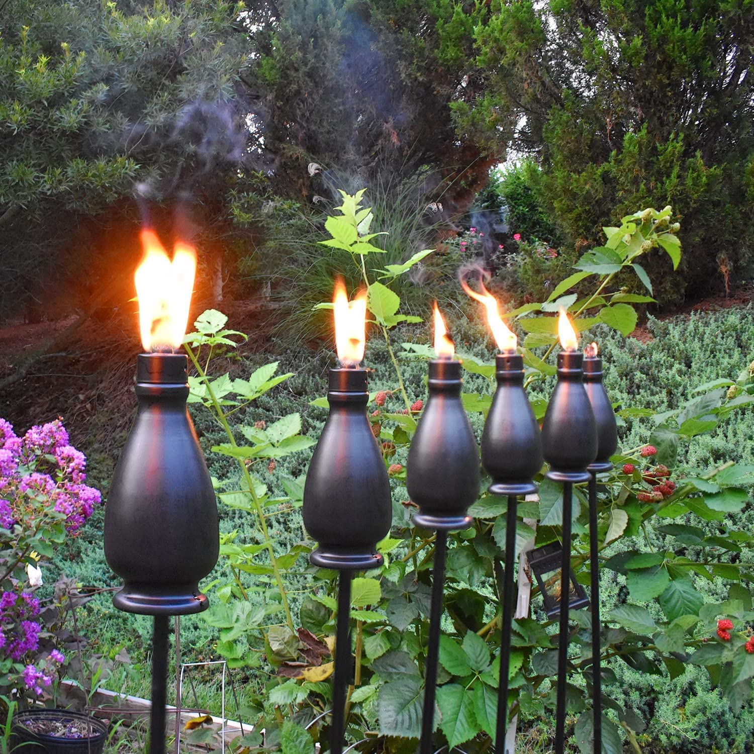 DIKAIDA Metal Citronella Torches, 6 Pack, 60 Inch Flickering Flame, Matte Black