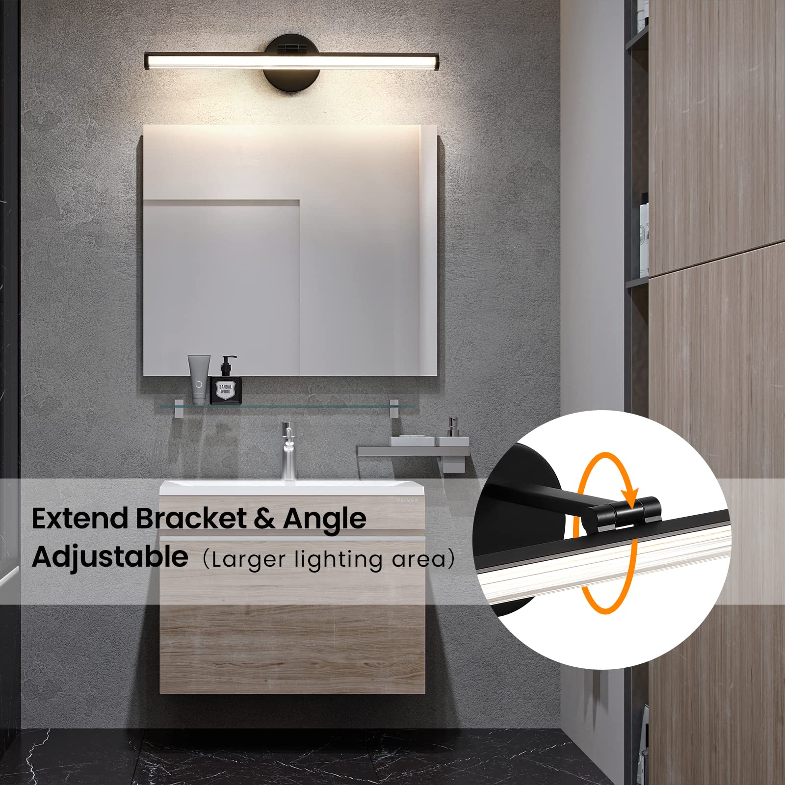 KAISITE Bathroom Light Fixture - 22 Inch Black LED Vanity Light, 18W, 4000K, Adjustable Angle, Model 8037ML-18BK-US