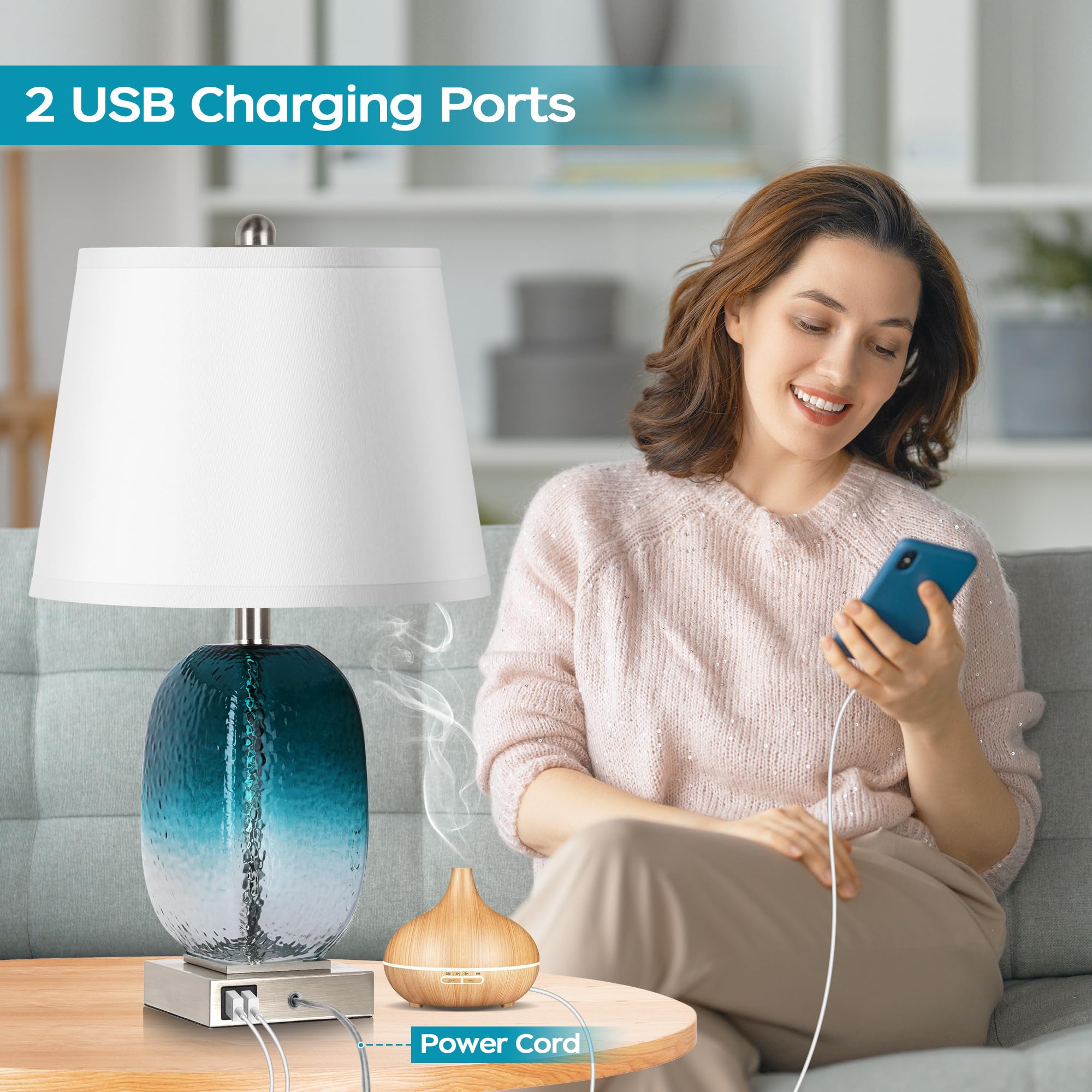 Partphoner Table Lamp Set Of 2 - Touch Control, 3-Way Dimmable, Teal Glass, Usb Ports, Led Bulbs Included, Modern Coastal Design