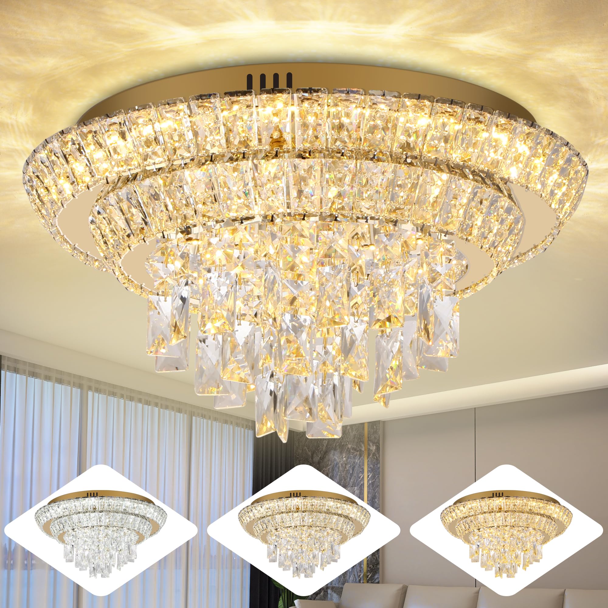 Redstar 18'' Crystal Gold Ceiling-Light Flush Mount With Remote Control, Colors Temp & Brightness Adjustable, Modern Crystal Rai