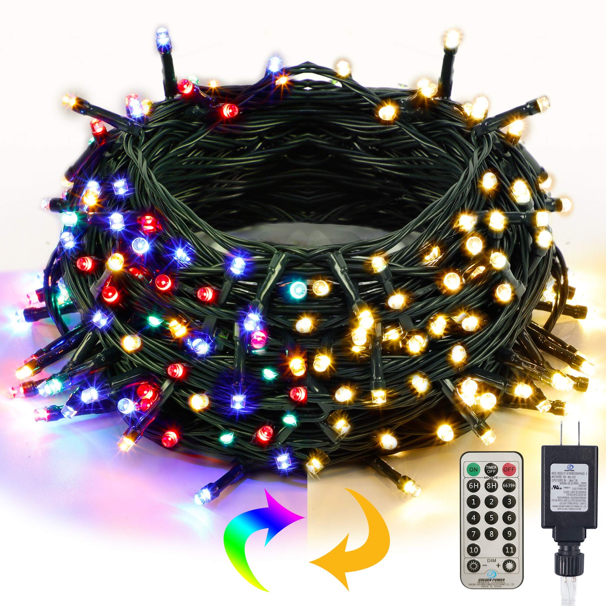 Twinkle Star Christmas String Lights, 66ft 200 LED Color Changing Tree Light Plug in 11 Modes Functions Warm White & Multicolor