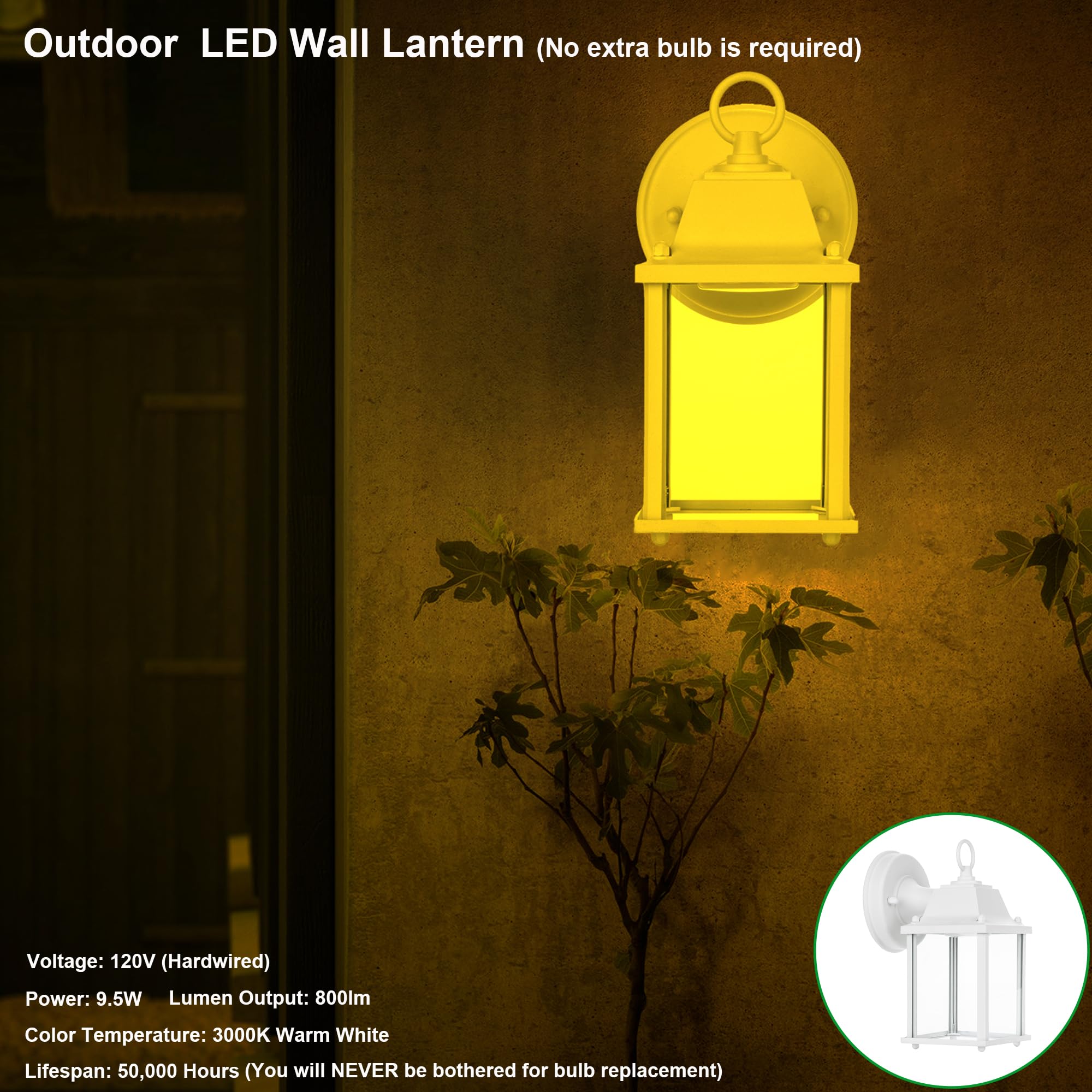 LIT-PaTH Outdoor LED Wall Lantern, 9.5W 800 Lumen, Aluminum, 3000K, Matte White Finish, 2-Pack, Model LT-WL001