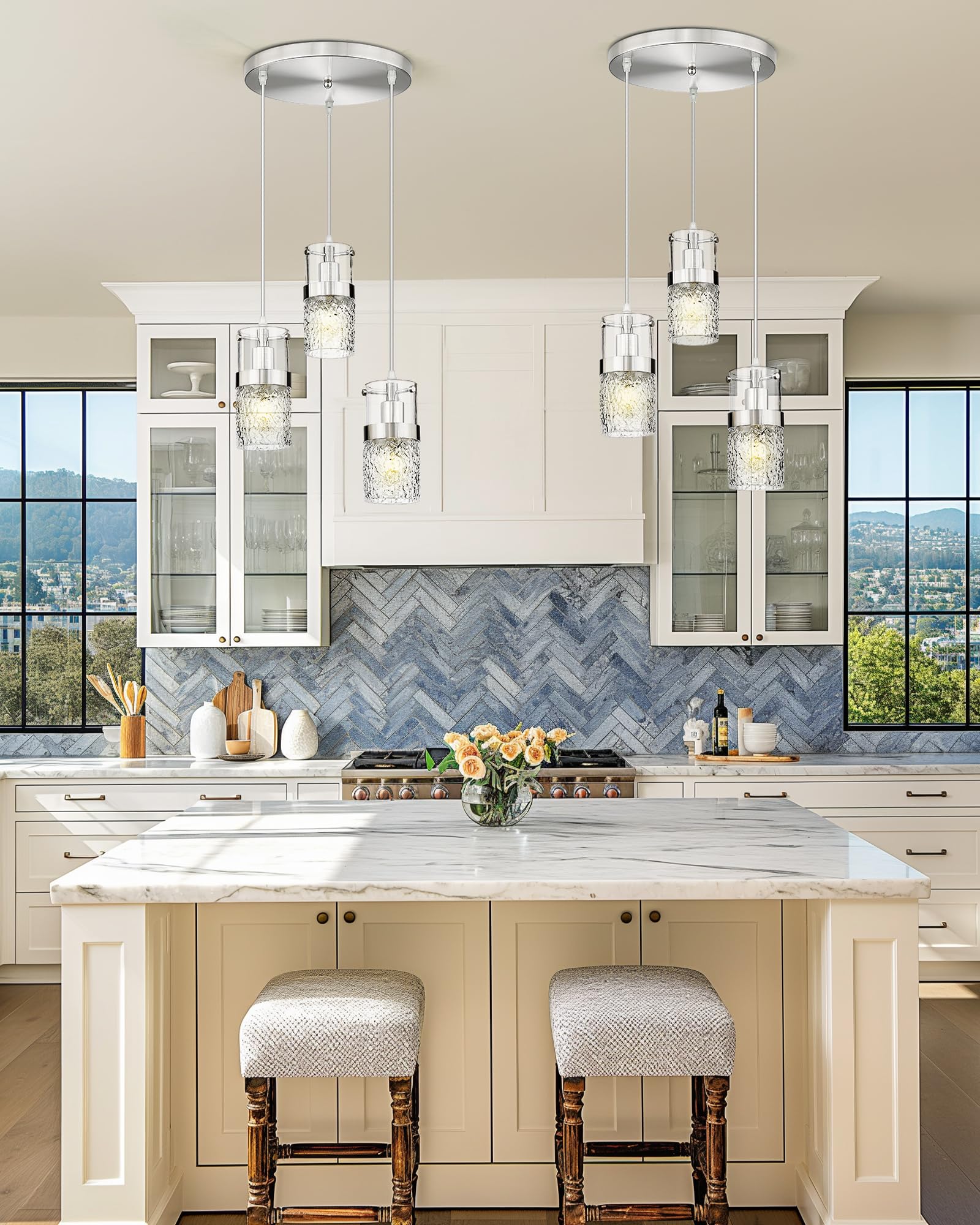 LMS 3-Light Brushed Nickel Cluster Pendant Light, Industrial Style, Silver Hammered Glass, Model LMS-198