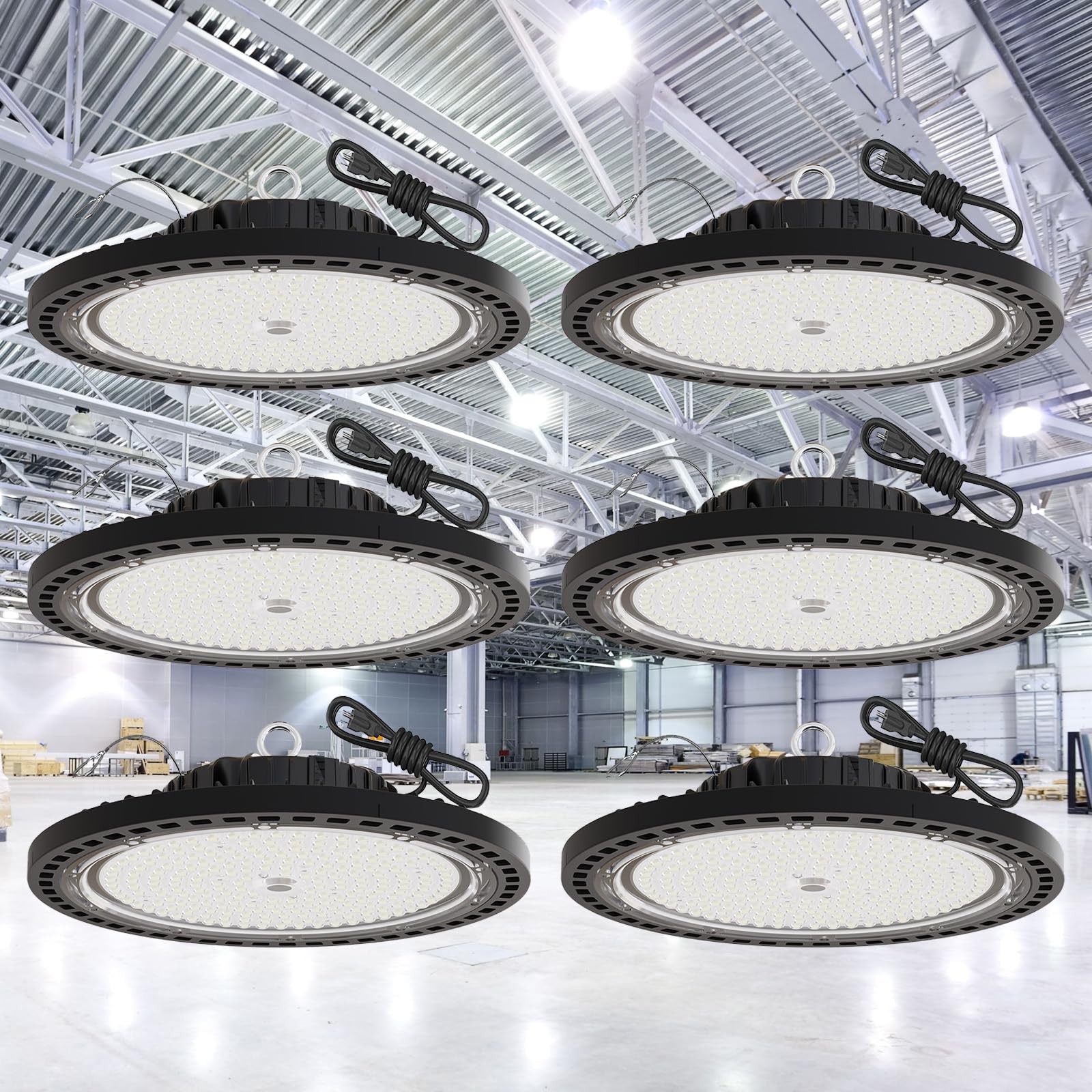 GGTH 6 Pack Super Bright LED High Bay Lights 200W, 29000LM UFO High Bay LED Shop Lights, IP66 Commercial Lighting Fixture, with 