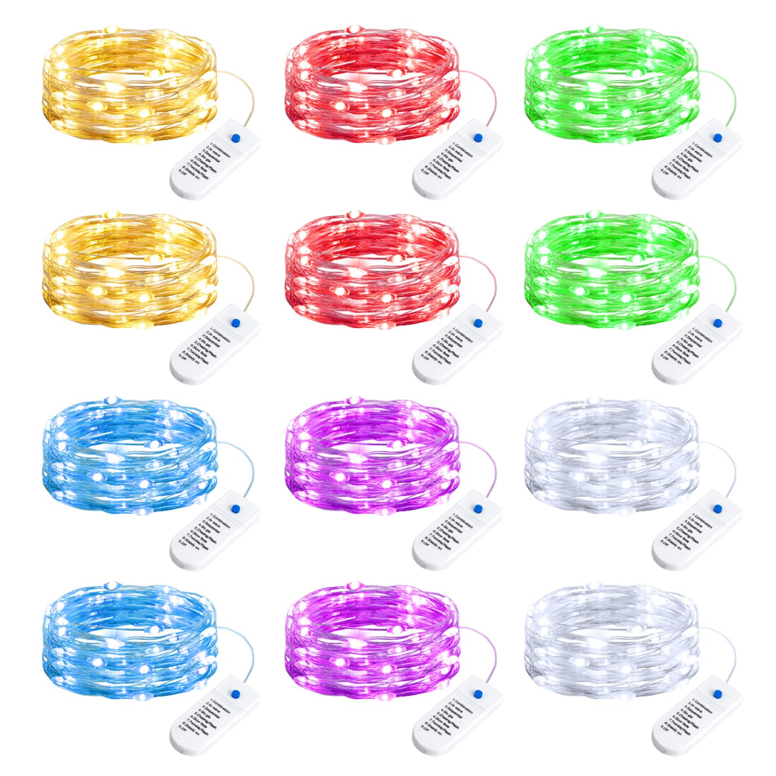 Minetom Fairy Lights 12 Pack, 20 LED, 7ft, Battery Operated, 8 Modes, Waterproof, 6 Colors, Copper Wire, Twinkle Lights for DIY Decor