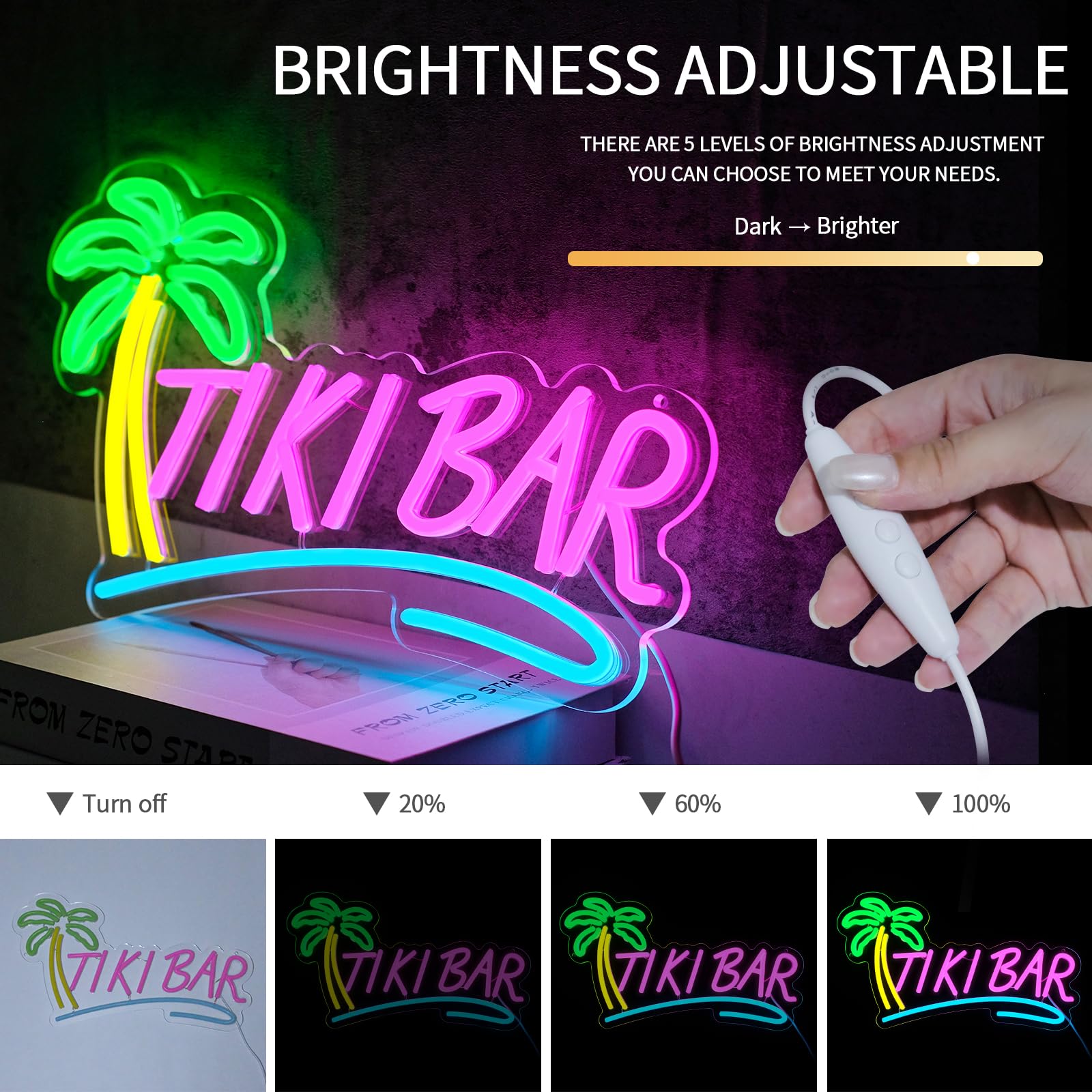 Virlusy Tiki Bar Neon Sign - Dimmable LED Wall Decor, 12-16 inches, Acrylic, Pink Yellow Green Blue