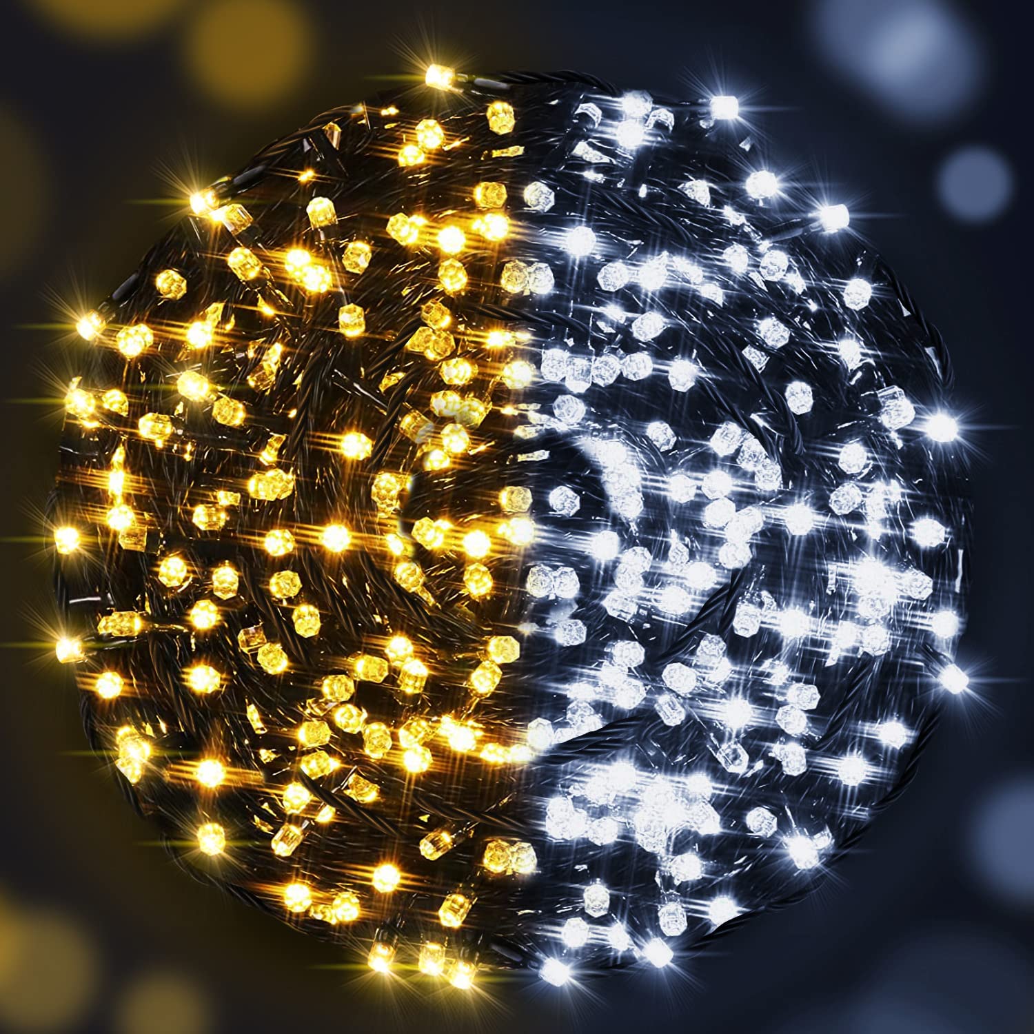 AmyHomie Color Changing Christmas Lights, 108Ft 300LED White Warm White Christmas String Lights, 8 Modes Waterproof Fairy String