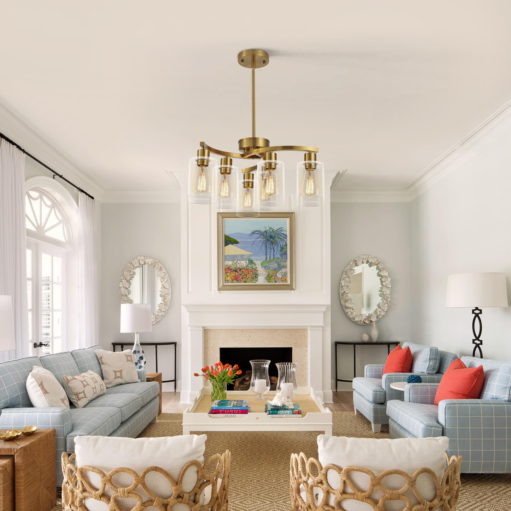 Cnratye 6-Light Gold Chandeliers For Dining Room, Modern Kitchen Island Light Fixtures Over Table, Metal Hanging Pendant Lightin