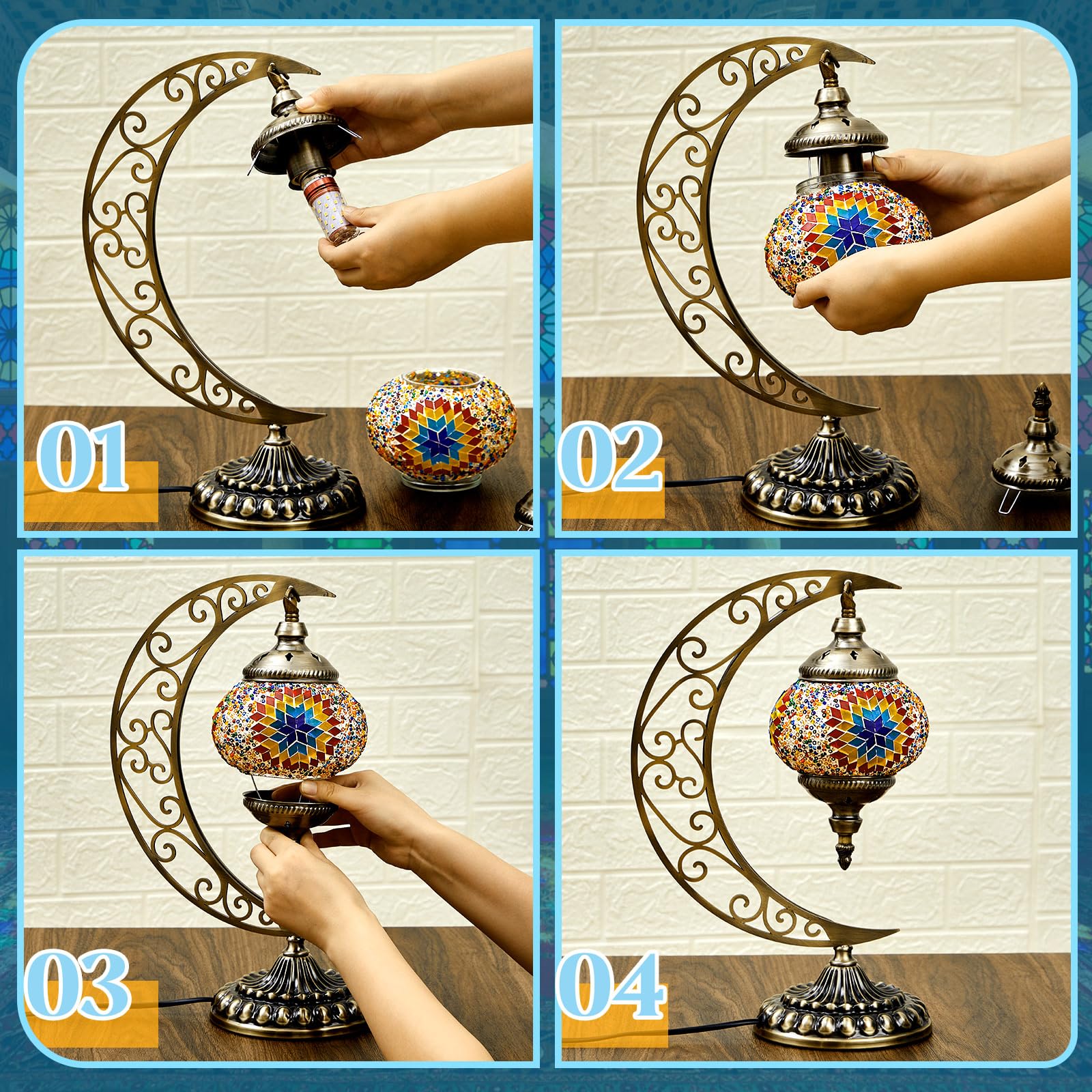 Hortsun Turkish Lamp Moon Shaped Moroccan Lamp Turkish Mosaic Stained Glass Table Light With Bronze Base Colorful Moroccan Globe