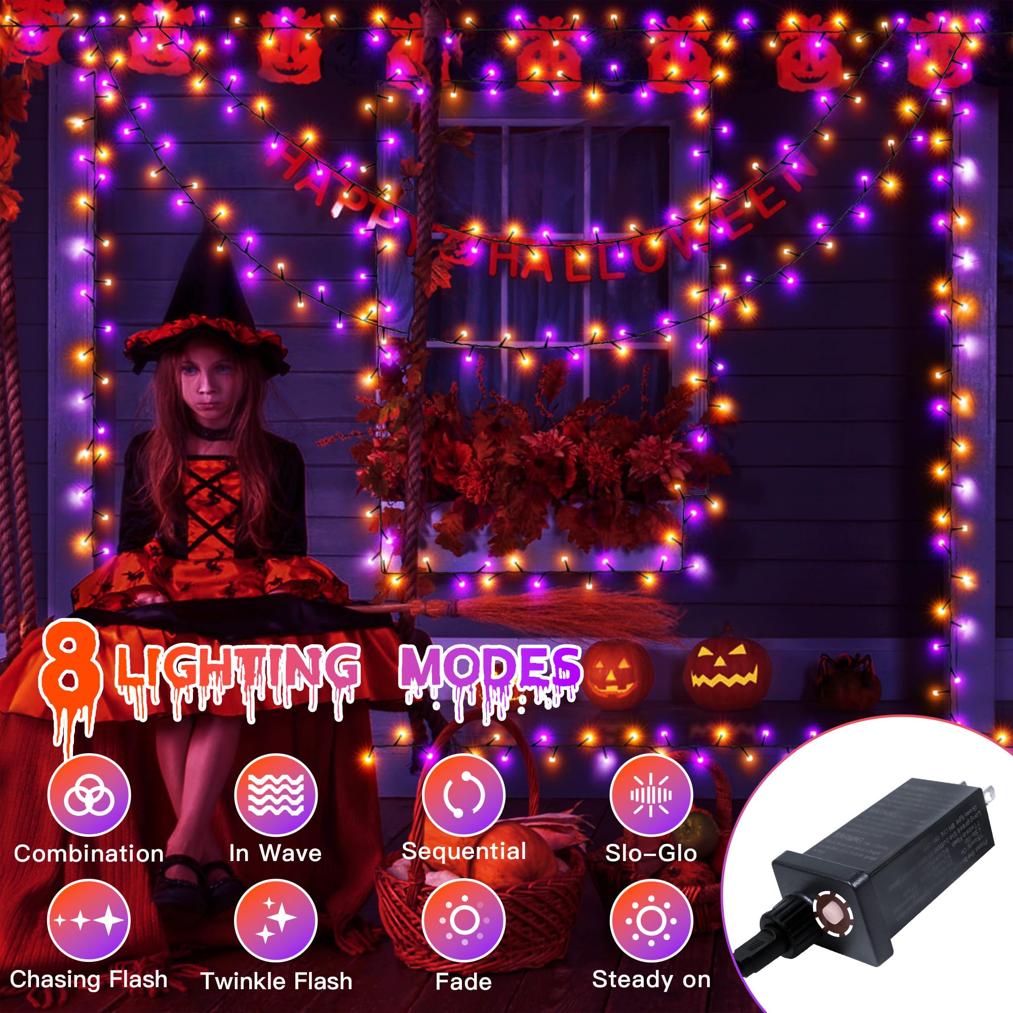 Ollny Halloween Lights Outdoor, 300 Led 100Ft Orange And Purple Halloween Decorations With 8 Modes Timer, Plug In Halloween Stri