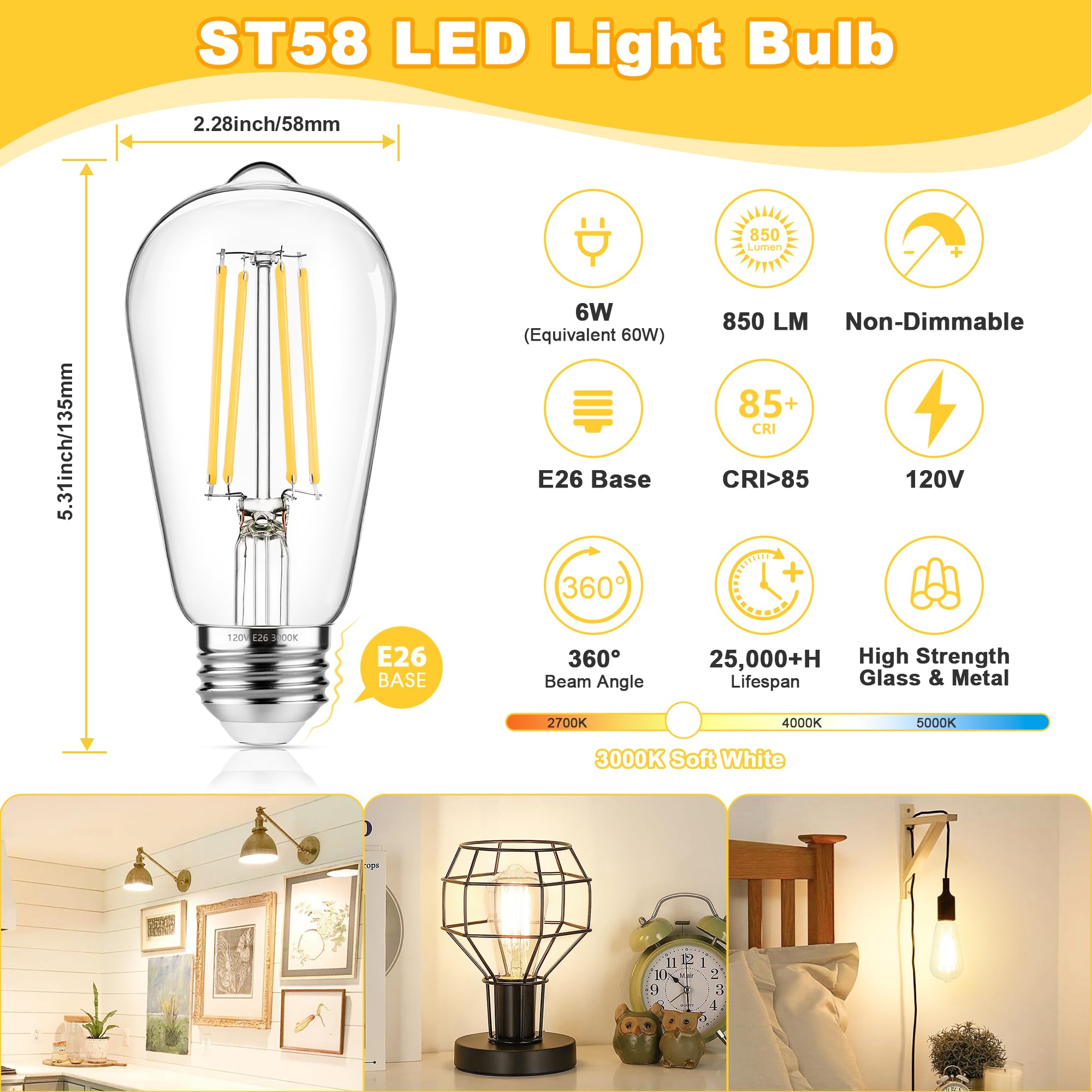 Asomst Vintage Edison Bulbs 60W Equivalent 850Lm, 6W Led Light Bulb Soft White 3000K, St58 Filament Lighting E26 Base, Non-Dimma