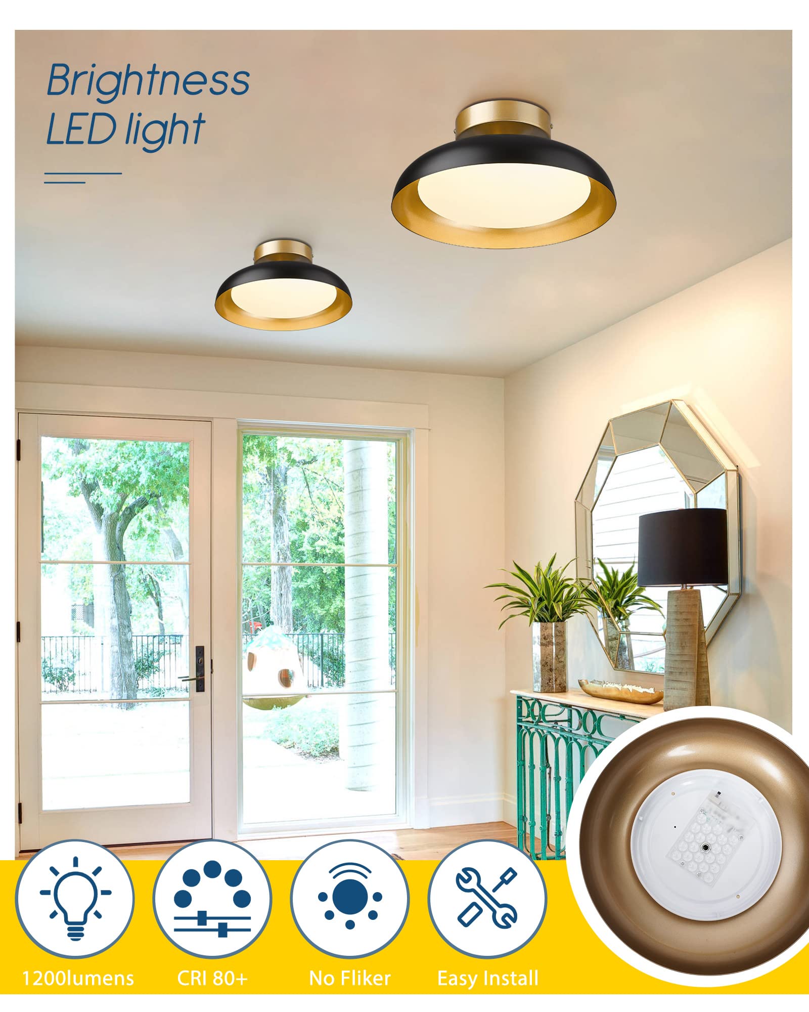 Kudos Flush 12-Inch Led Light Fixture, Black And Gold Finish, 12W/1200Lm For Bedroom, Hallway, 3000K/4000K/6000K Adjustable, Kdcl01-Bk