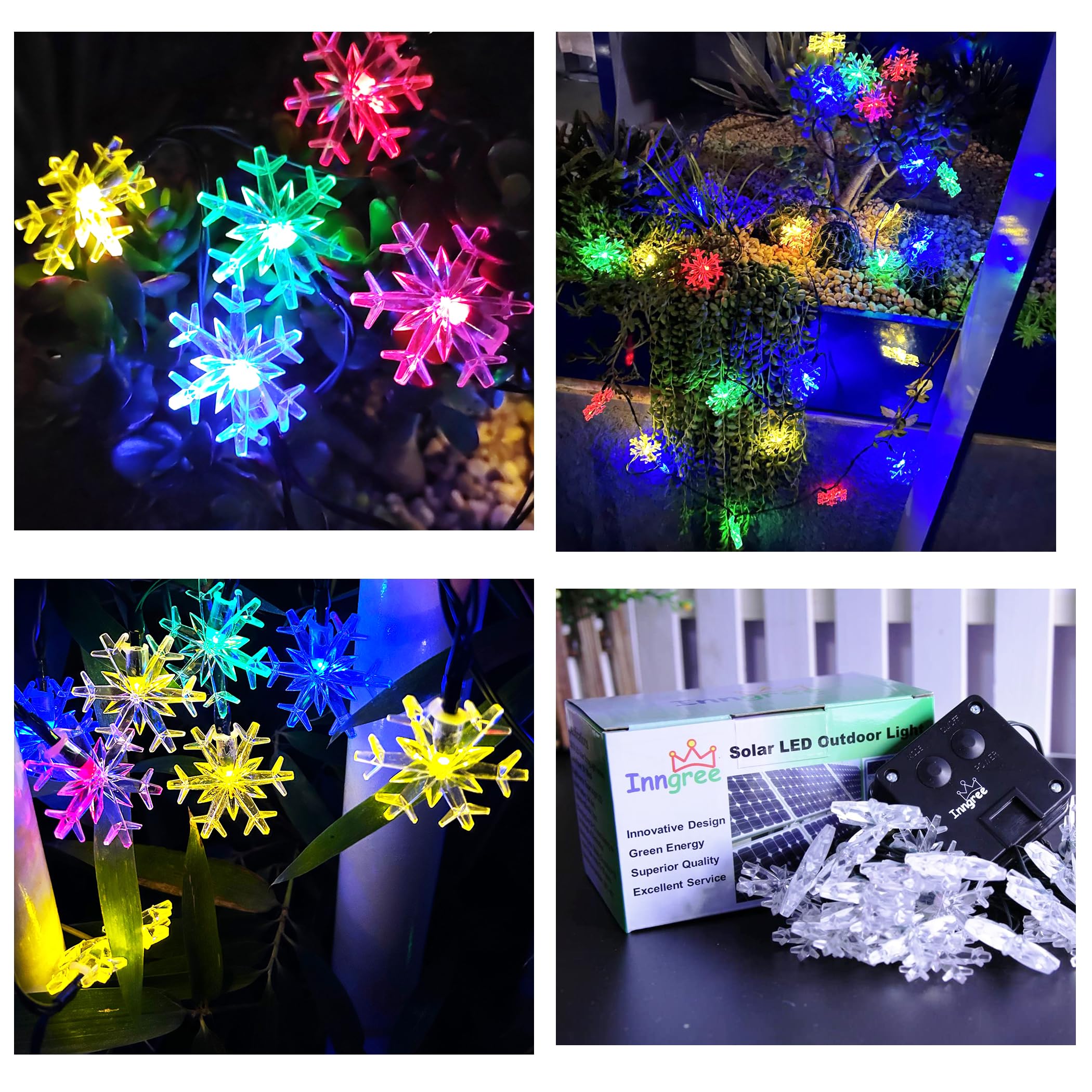 Inngree Solar Christmas String Lights Outdoor Waterproof 36Ft 60 Led 8 Modes Solar Fairy Snowflake Powered String Lights For Garden Patio Yard Home Christmas Tree Parties(Snowflake-Multicolor-60Led)