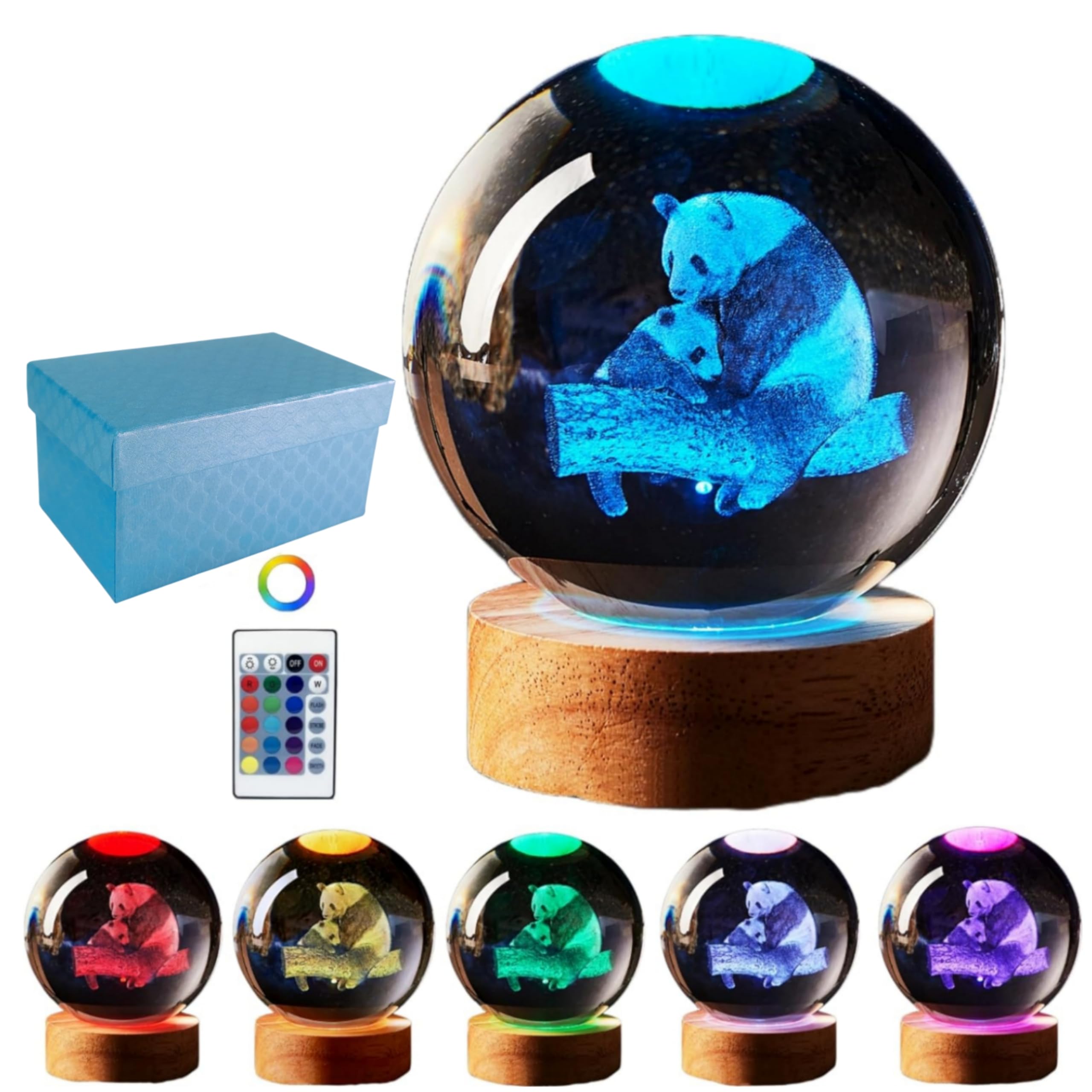 DIGFPWT Panda Night Light, 3D Crystal Ball with LED Base, 16 Colors, 3.15 Inch, Gift Box Packaging