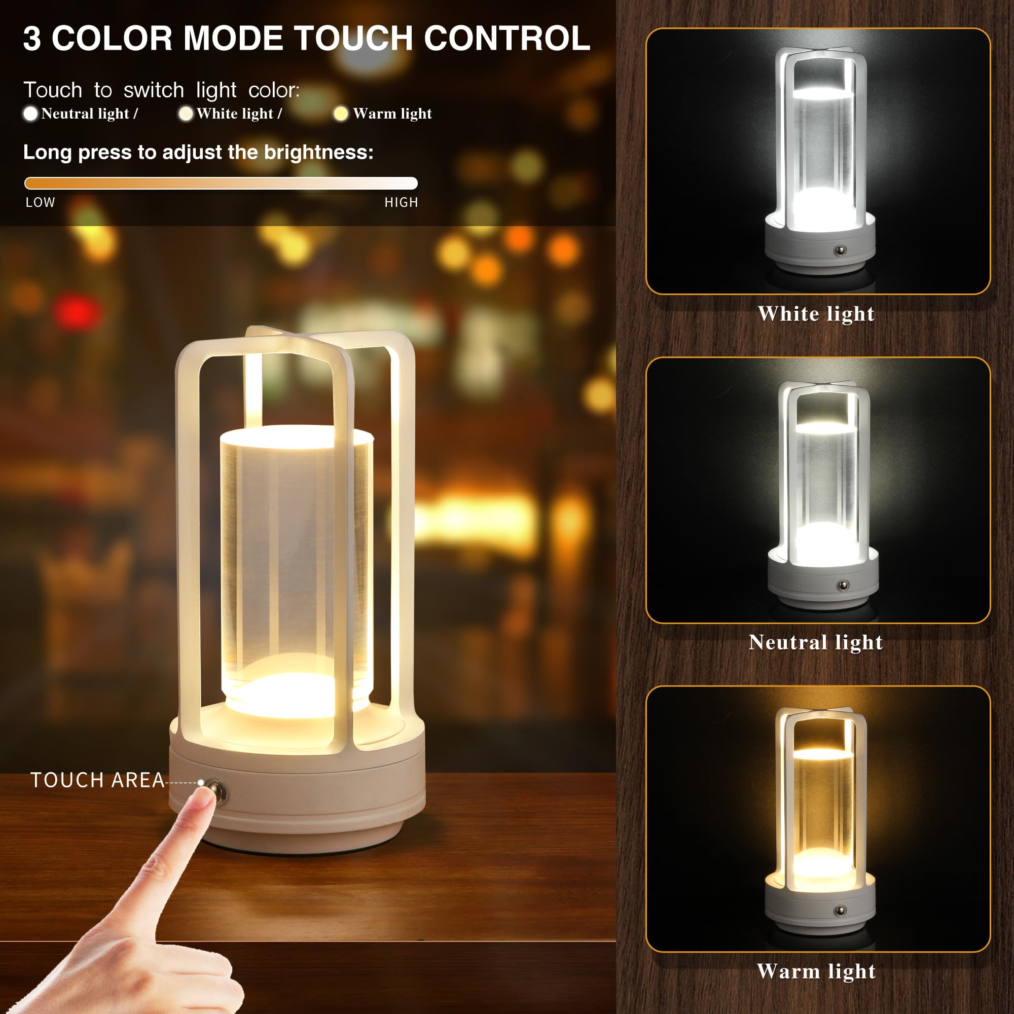 Anxingtools Portable Metal Table Lamp, Cordless LED, Rechargeable, 3.54inD x 3.54inW x 6.89inH, White, Model AN-LED-02