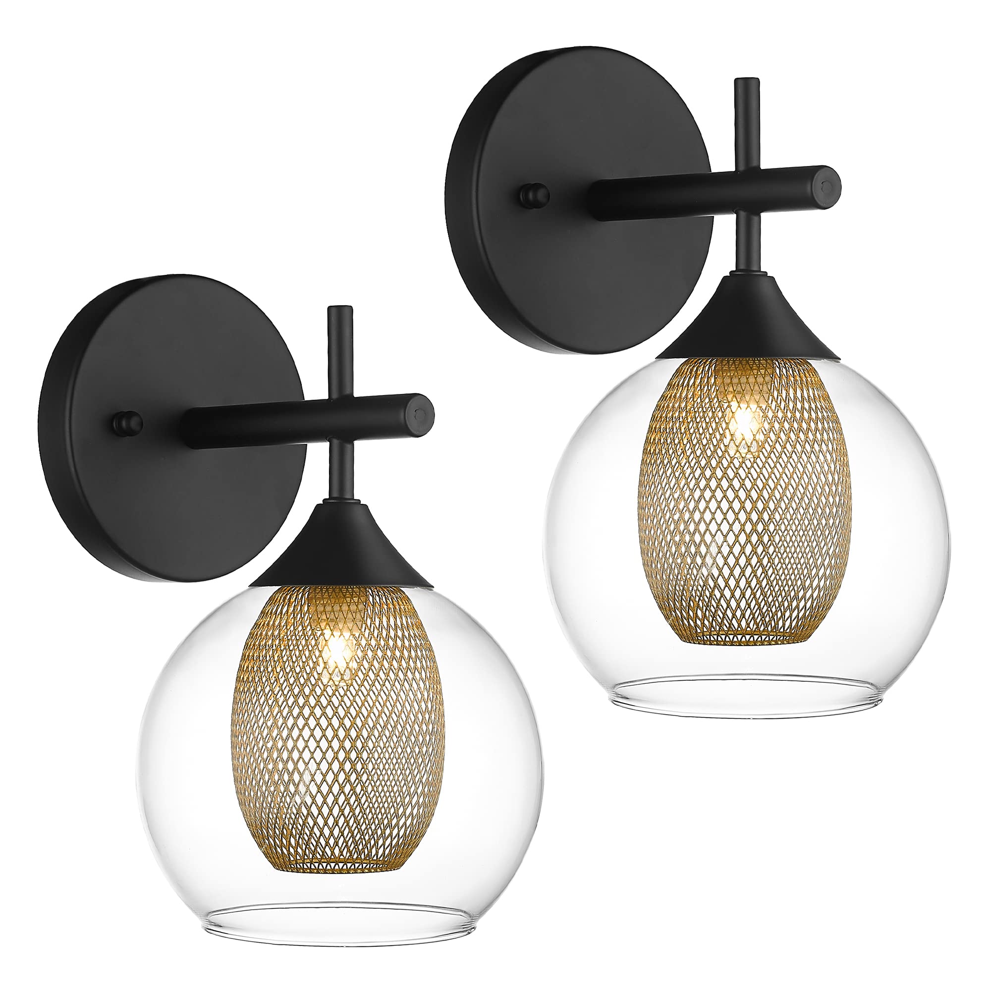 Audickic Black Wall Sconce Set Of 2, Bathroom Vanity Light Fixture With Clear Glass And Honeycomb Metal Shade, Sconces Wall Ligh