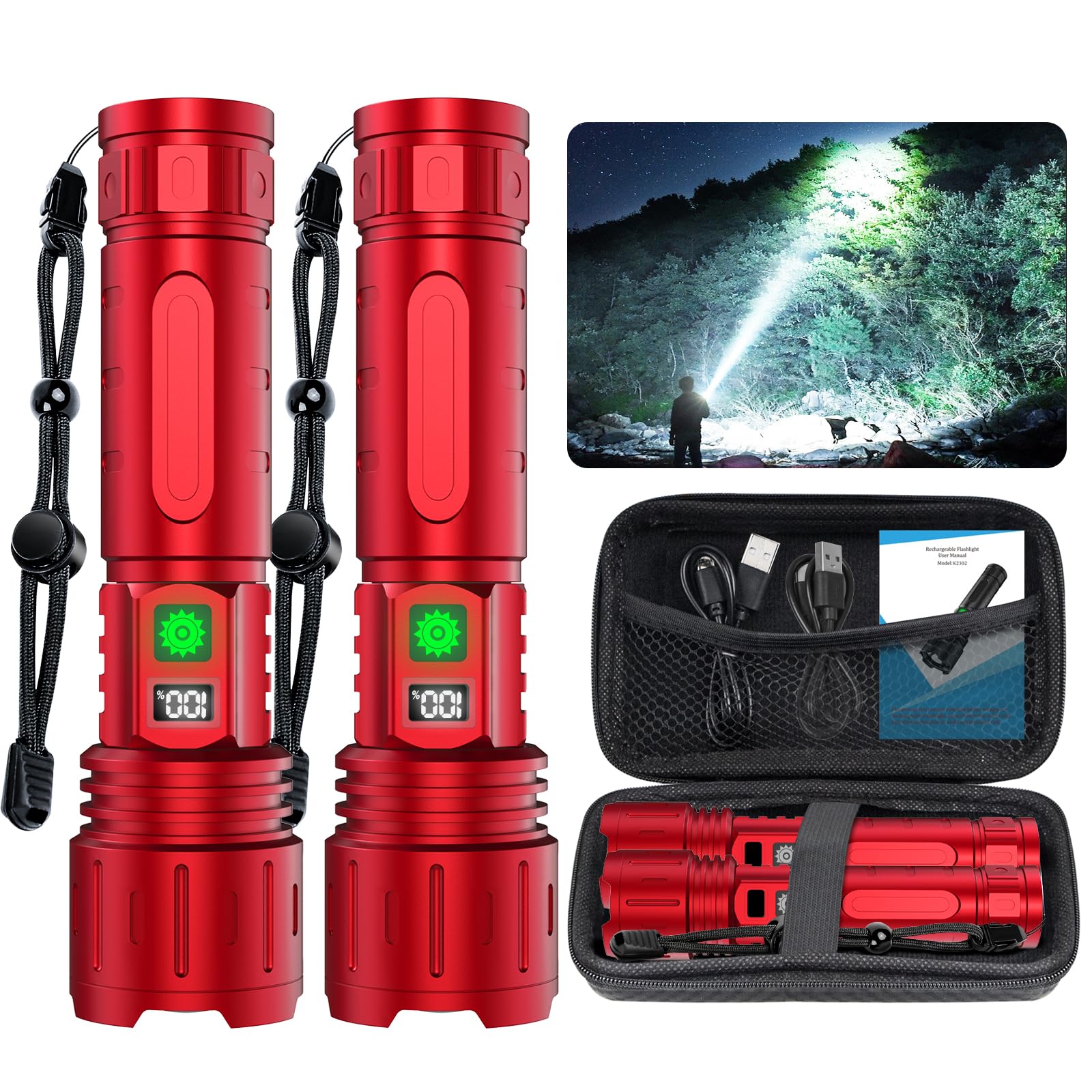 Hoxida Rechargeable Flashlight Super Bright LED 1500m Long Beam, 20H Runtime, IPX5 Waterproof, 5 Modes, Zoomable, Red, 2pcs
