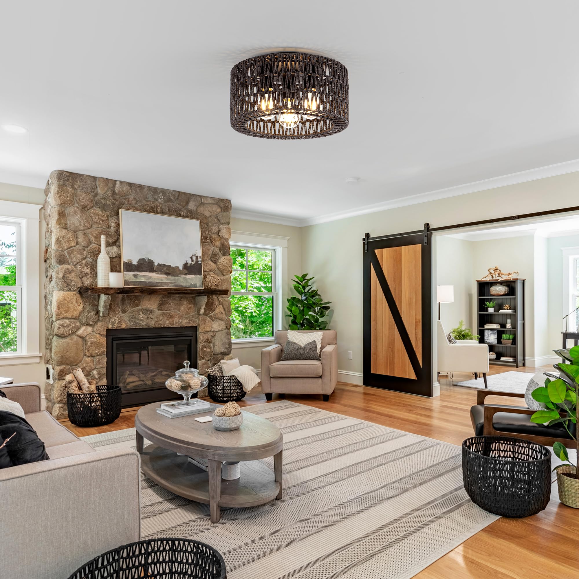 Rattan Ceiling Light Fixture, 3-Light Bohemian Modern Woven Ceiling Light, Black Boho Flush Mount Ceiling Light For Bedroom Livi