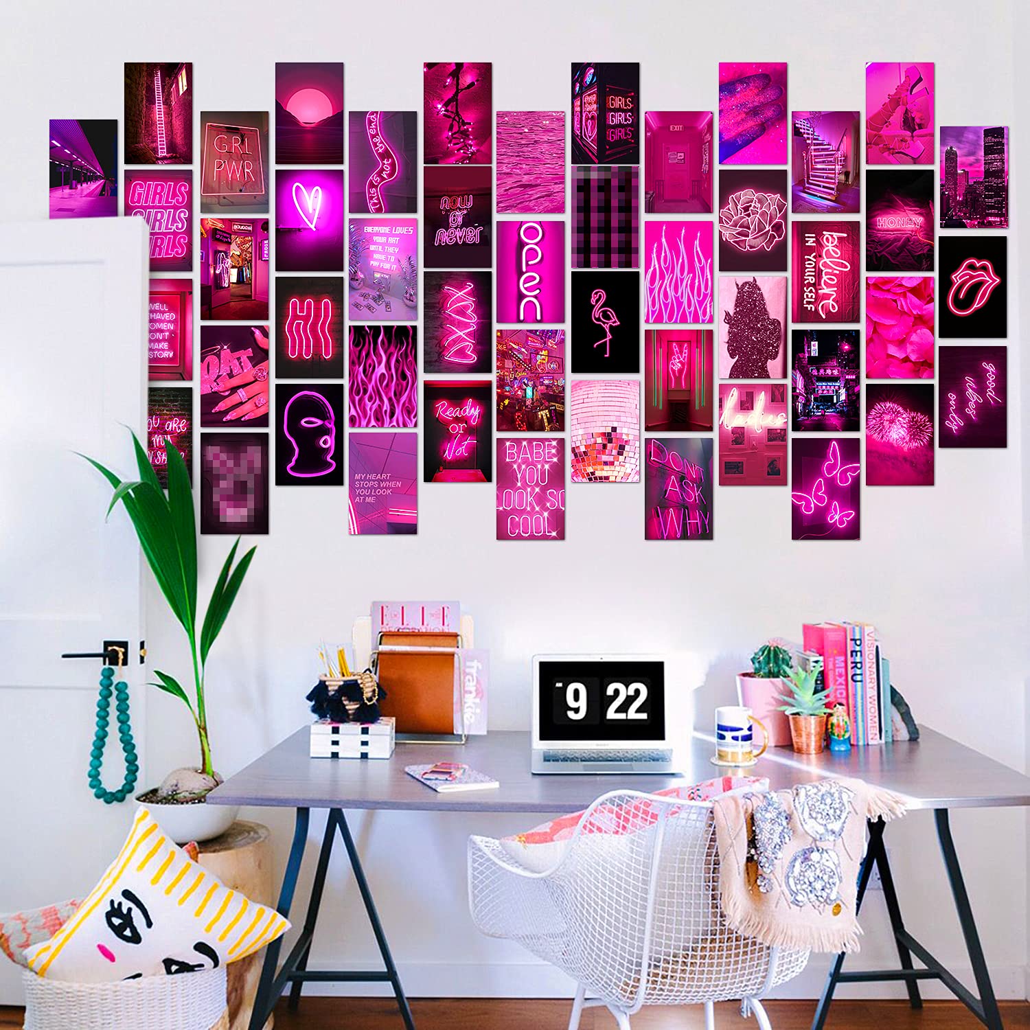 GROBRO7 50PCS Pink Neon Aesthetic Wall Collage Kit, Wall Art Collage Kit, Aesthetic Posters for Dorm Wall Decor, Wall Art Print