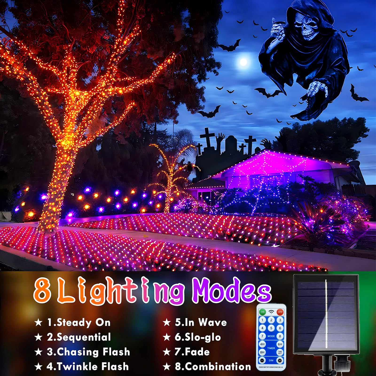 Cyindzchwy Solar Net Lights, 204 Led Outdoor Mesh Lights Waterproof, Bush Halloween Net Lights With 8-Lighting Modes For Tree Garden Yard Halloween Party Decoration (Orange/Purple)