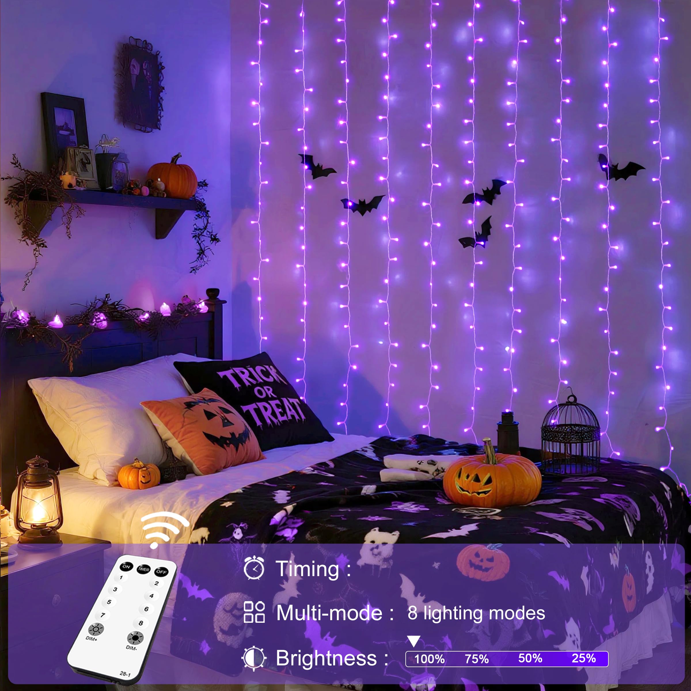 JMEXSUSS 300LED Purple Christmas Curtain Lights, 8 Modes, Remote Control, Plug-in, Ideal for Bedroom, Wall, Party Decorations