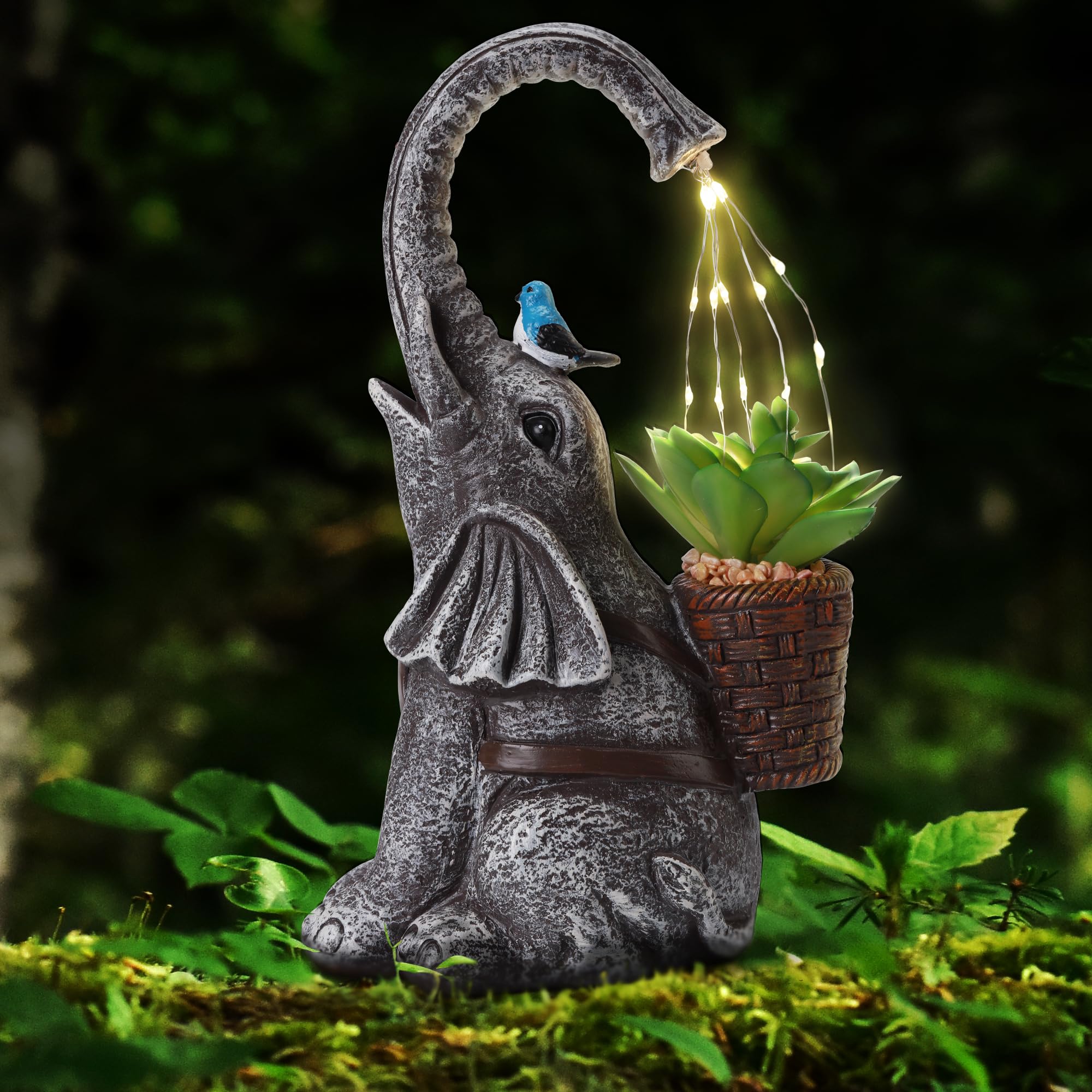 FHWTY Solar Elephant Watering Effect LED Lights Garden Statue, Outdoor Garden Decor for Lawn, Balcony, Yard, Gifts for Mom, Gran