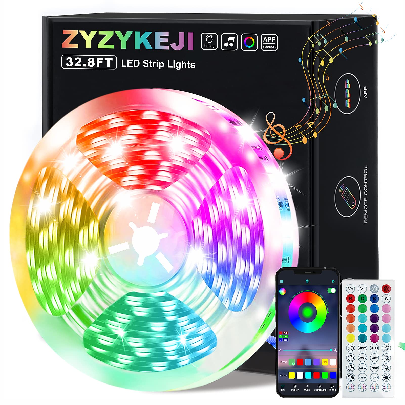 zyzykeji 32.8ft Led Lights for Bedroom, 5050 RGB Led Strip Lights Music Sync Color Changing, Led Light Strip with Remote and App
