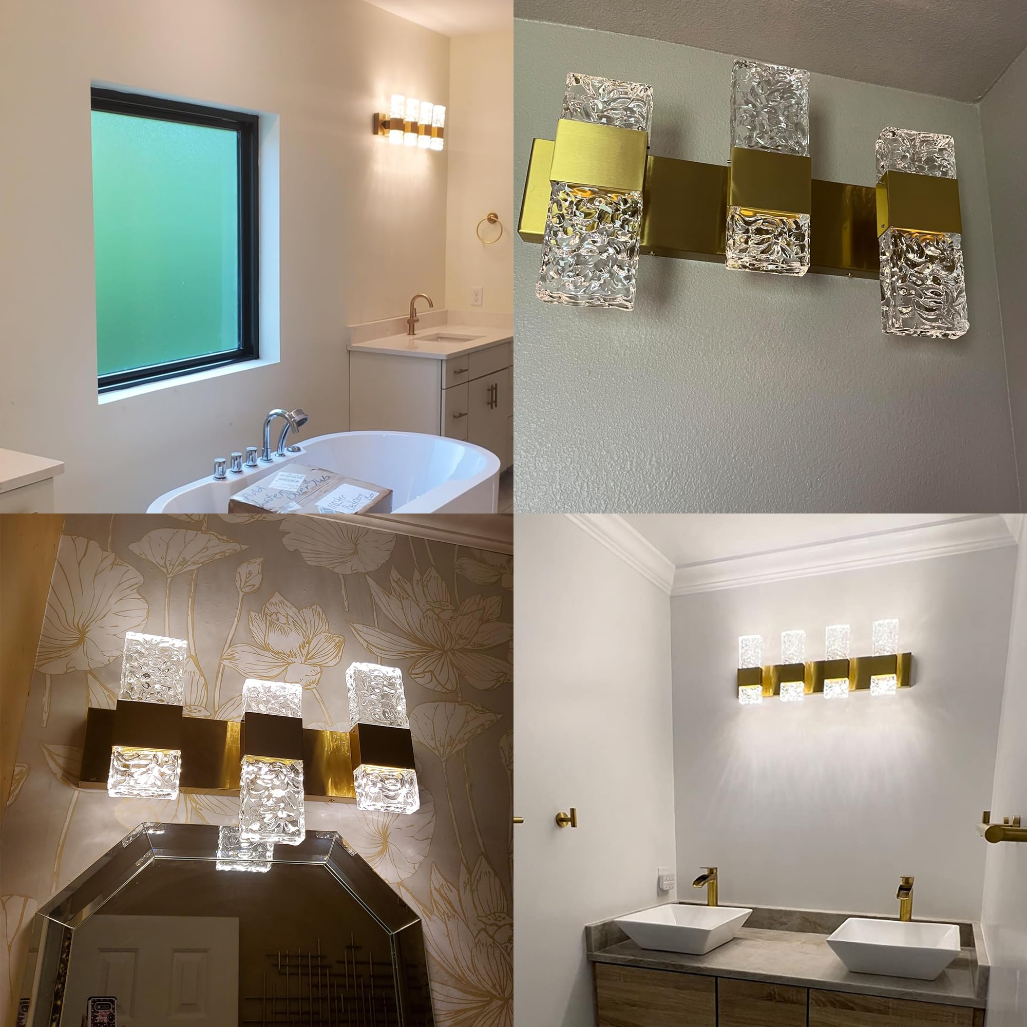 OYLYW Vanity Lights - 4-Light Bathroom Wall Fixture, Dimmable LED, Brushed Gold Stainless Steel, Model JQ1428-4TG, Crystal Accent