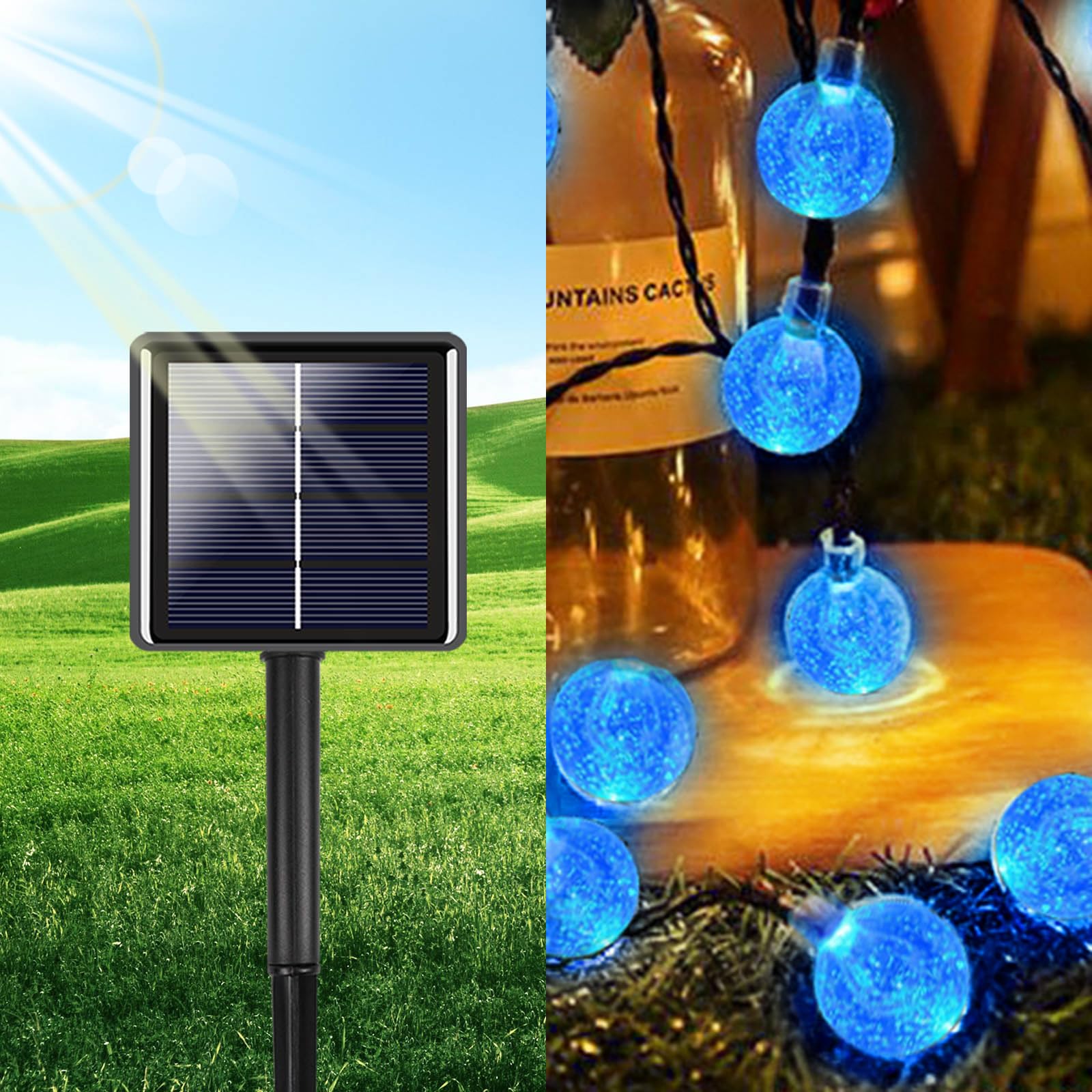 Blue 2-Pack 100 Led 64Ft Crystal Globe Solar Christmas Lights, Outdoor Waterproof Solar String Lights With 8 Lighting Modes, Sol