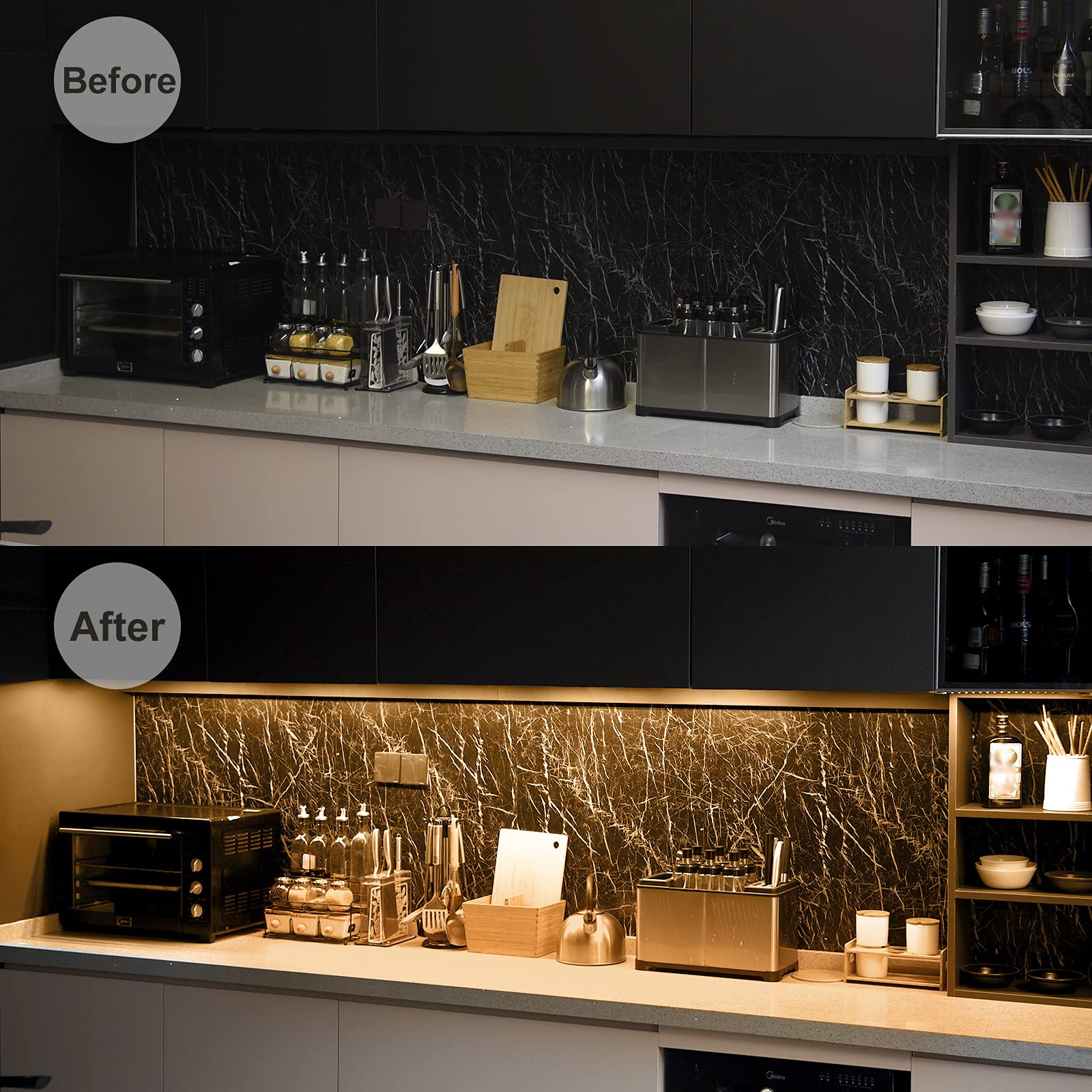 Litever Under Cabinet LED Lighting Kit, 6 x 12" Warm White Strips, 2000 Lumen, Aluminum, Black Cable, Model LL-008-6W