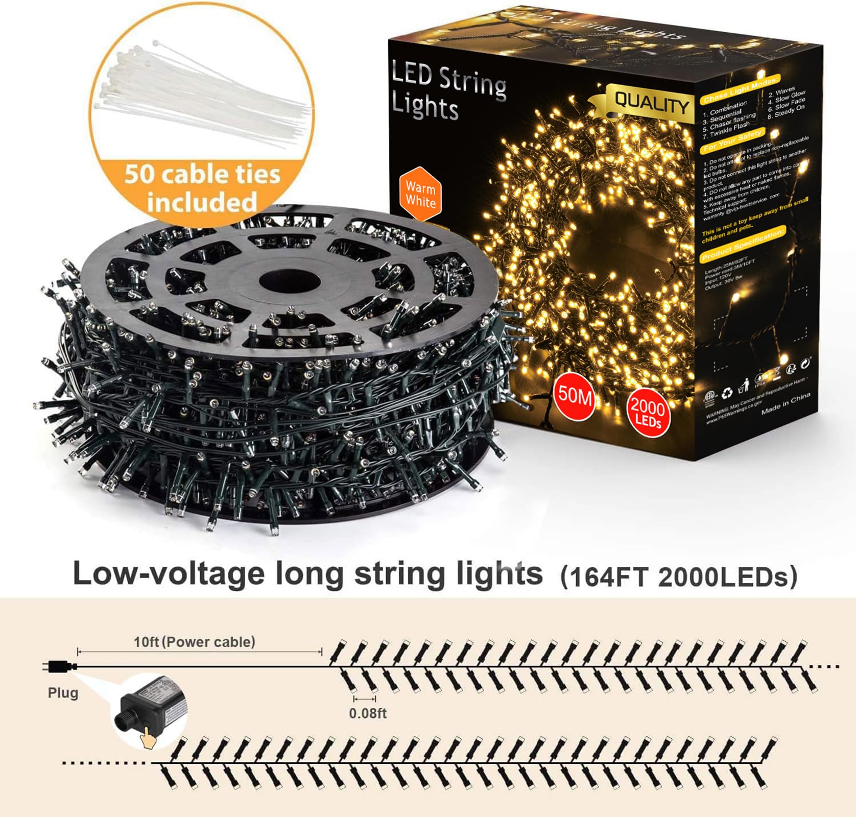 Novtech 164Ft Christmas Led Outdoor String Lights - 2000 Leds Warm White Waterproof Fairy Lights