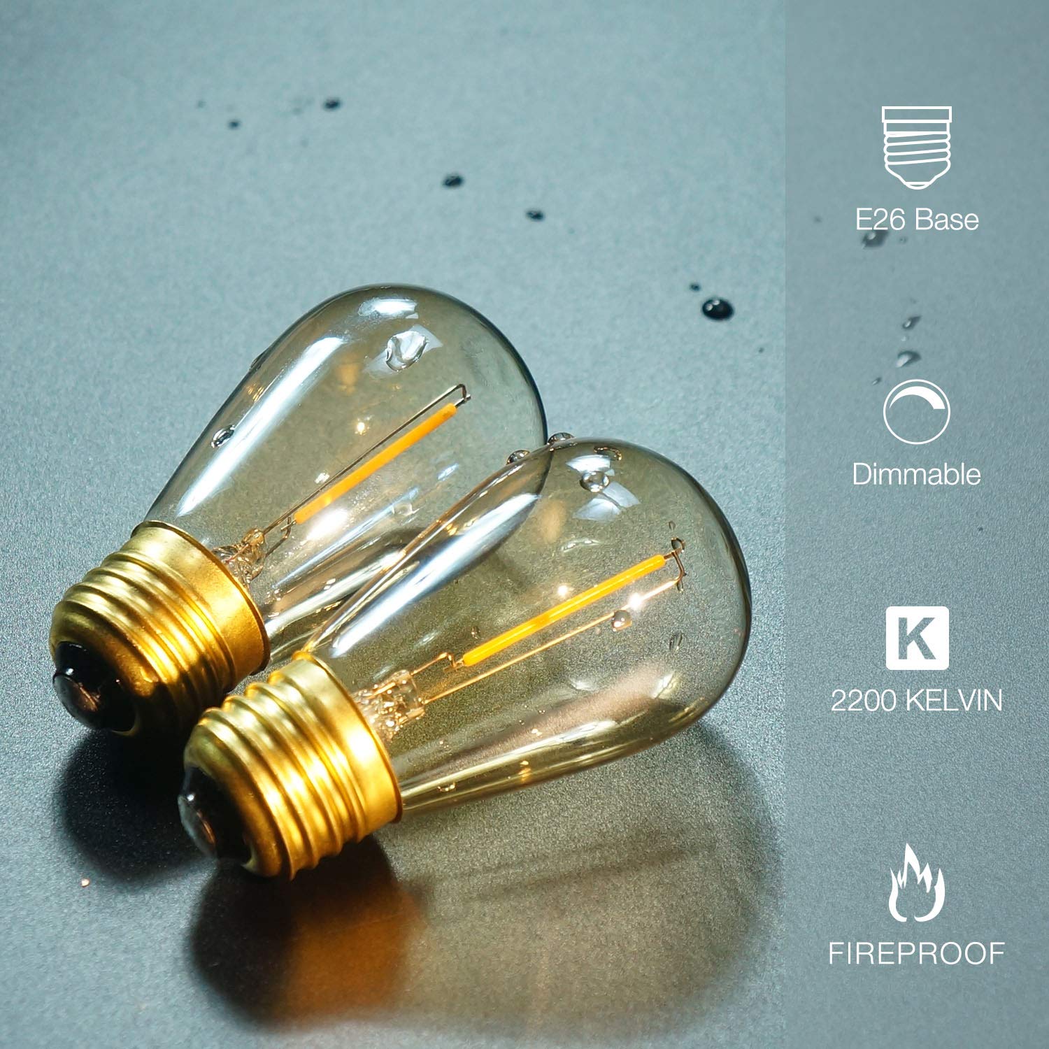 Hizashi S14 LED Bulbs 15 Pack, 2W Dimmable Amber 2200K, Shatterproof Waterproof, E26 Base, UL Listed