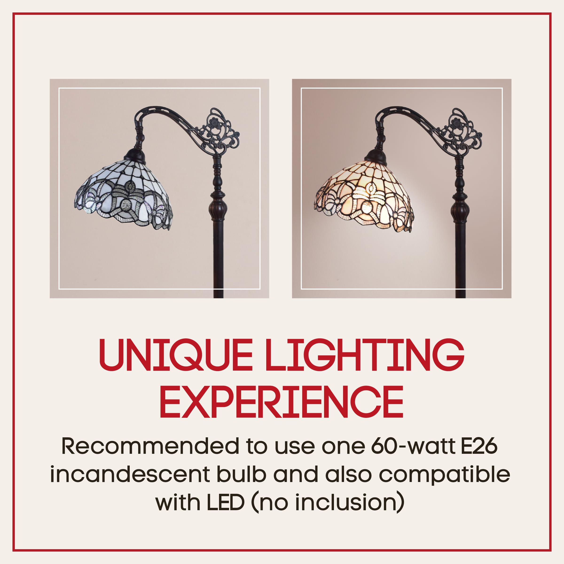 Amora Tiffany Floor Lamp - Arched, Stained Glass 62    - Traditional White Mahogany With Foot Switch Operation And Adjustable La